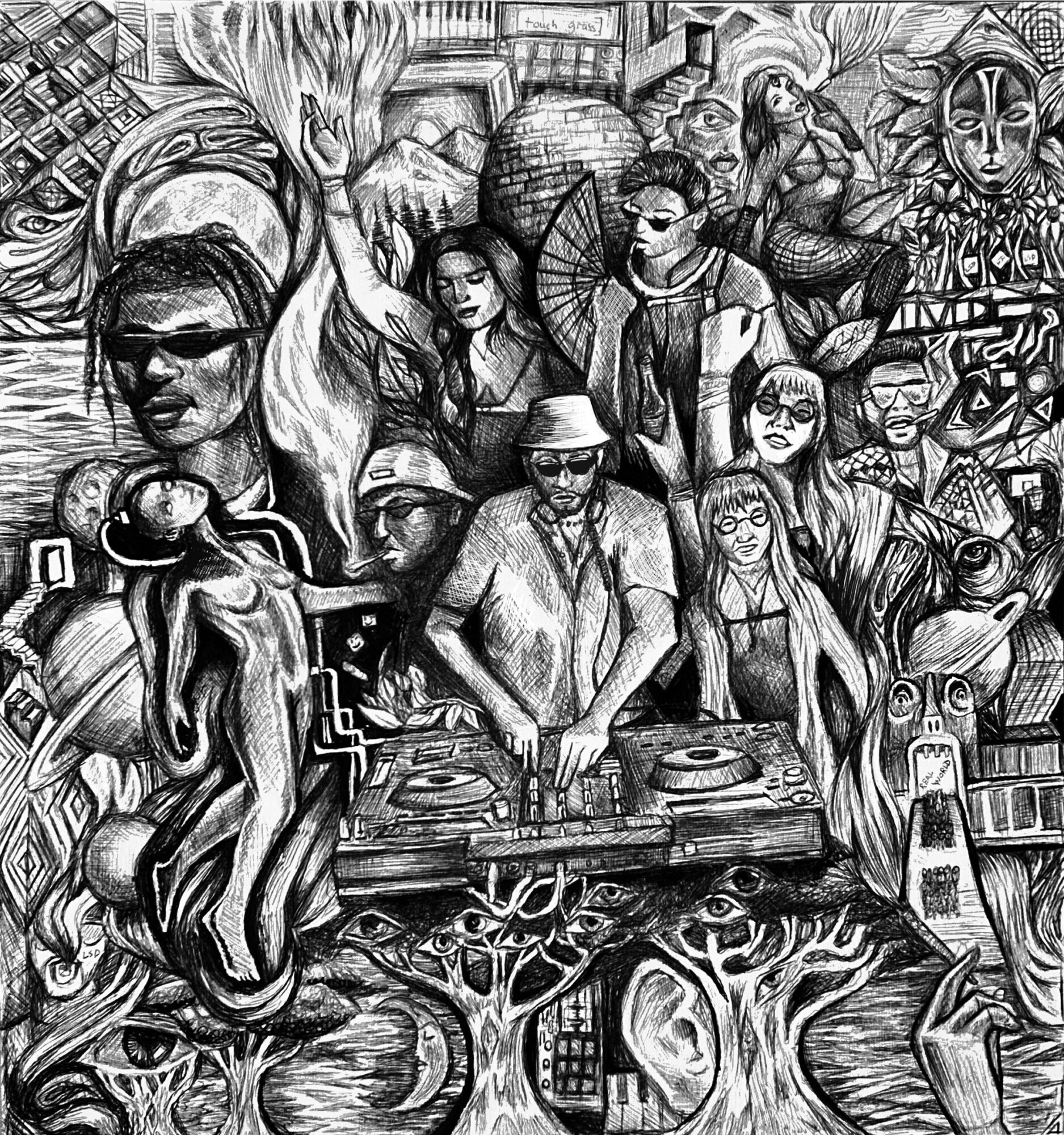 Group of people around a DJ booth with various artistic and abstract background elements, in black and white.