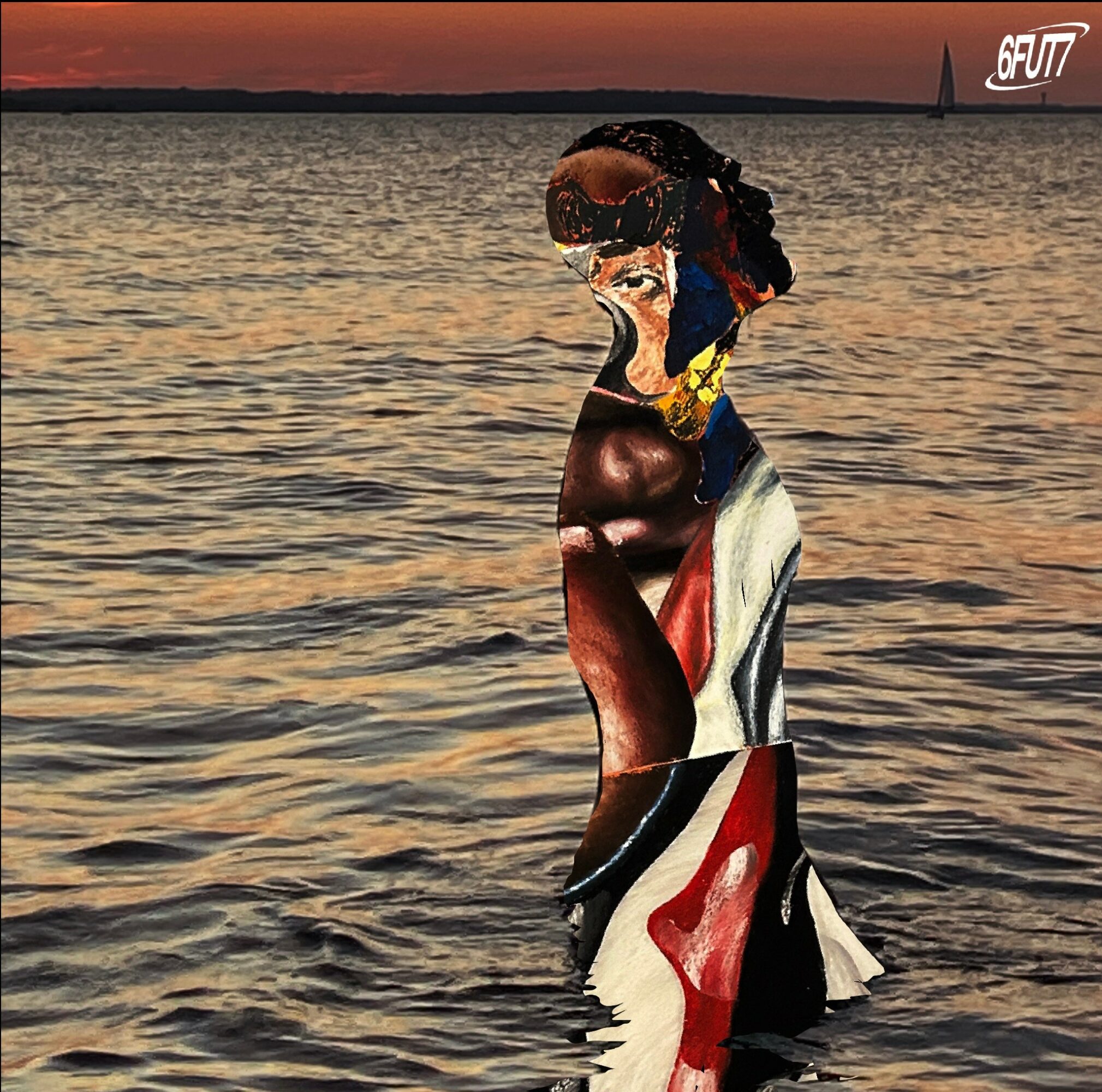 A person standing in water at sunset, with a distorted, abstract appearance and a logo in the top right corner.