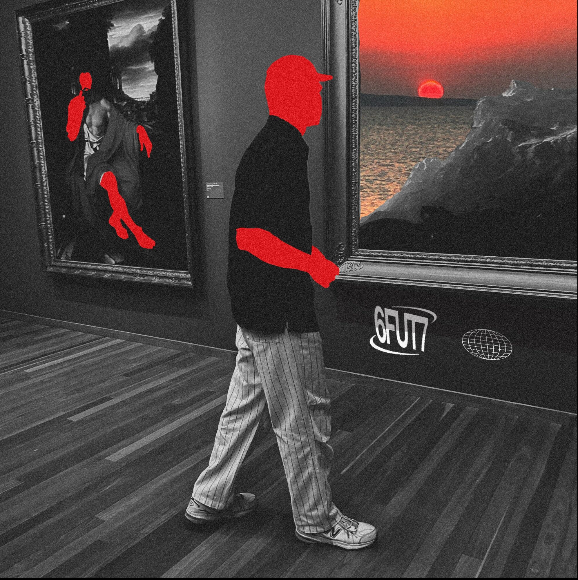 Person standing in an art gallery, looking at a sunset painting through a window, with red markings on the person and artwork.