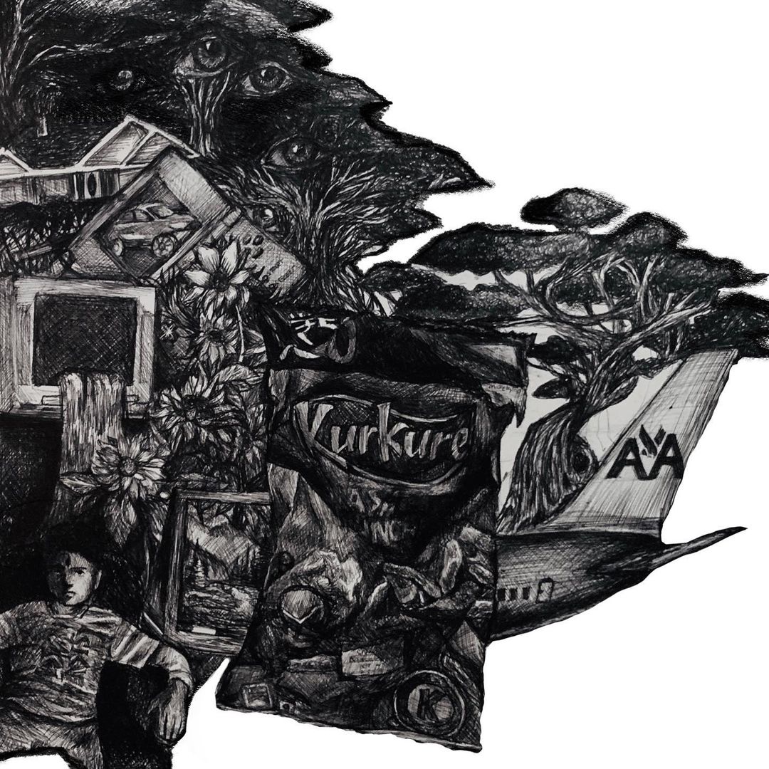 Collage of various images including animals, a person, and text, in black and white. Word 'Kurkure' visible.