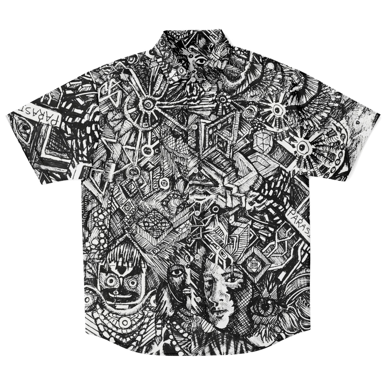 Black and white T-shirt with intricate, abstract geometric and face designs, detailed and complex artwork, on a black background.