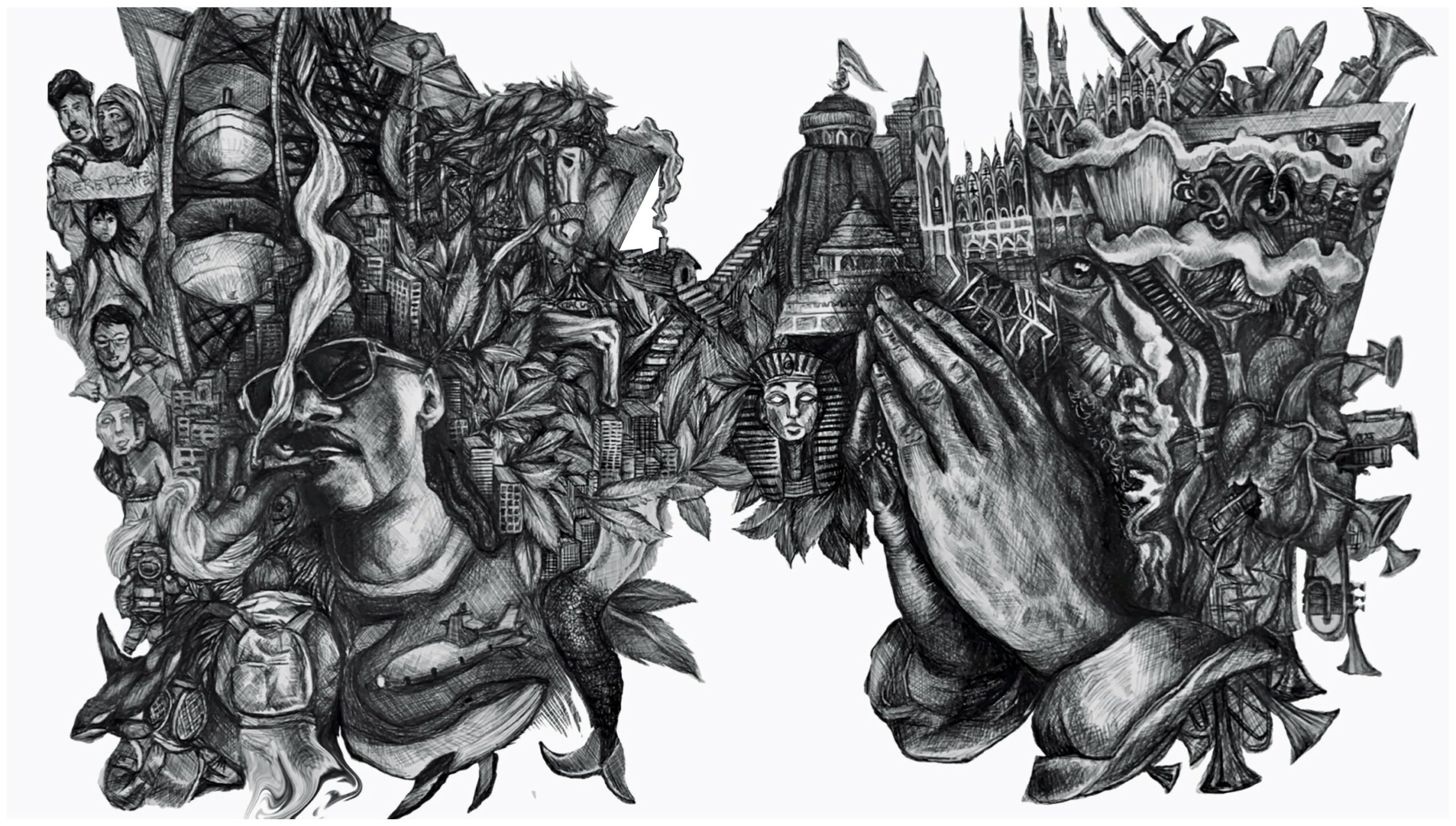 Intricate black and white illustration with detailed faces, hands, and abstract elements, blending human and fantastical imagery.