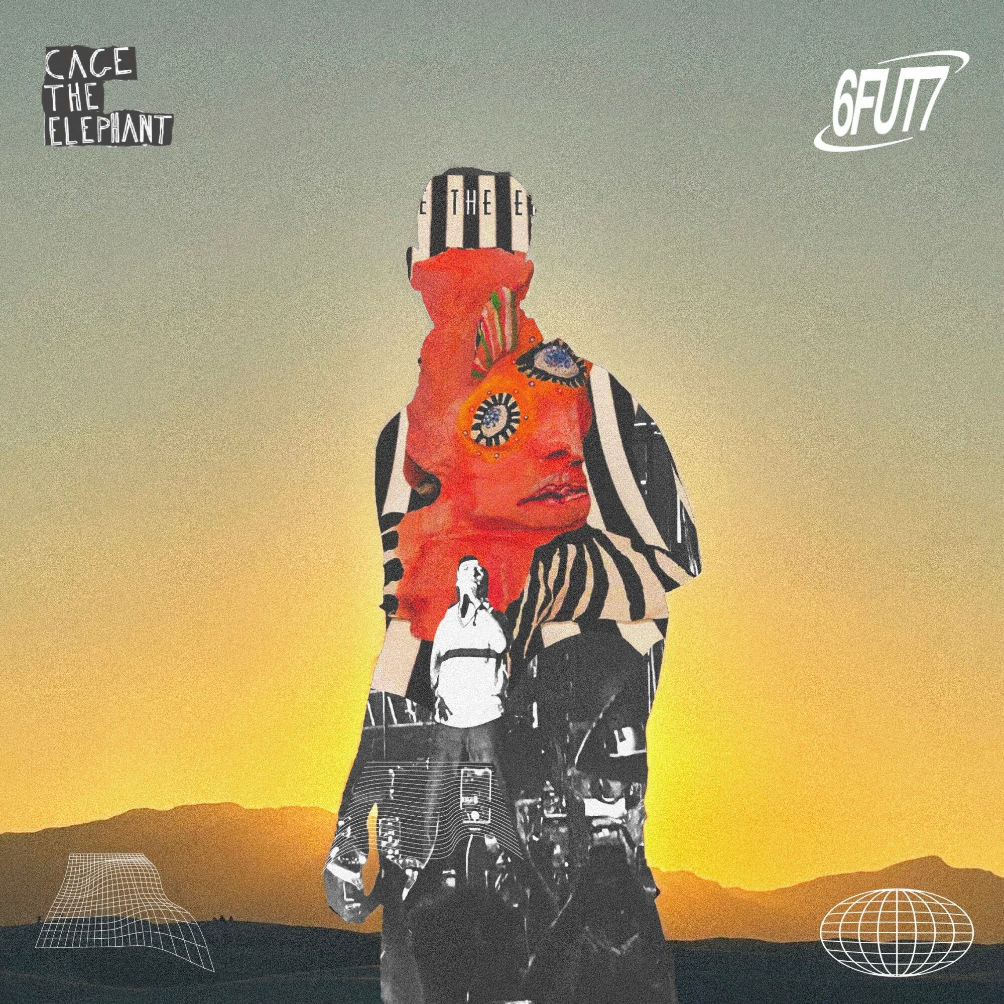 Collage of a person with a red head, striped clothing, and various images, against a sunset landscape background.
