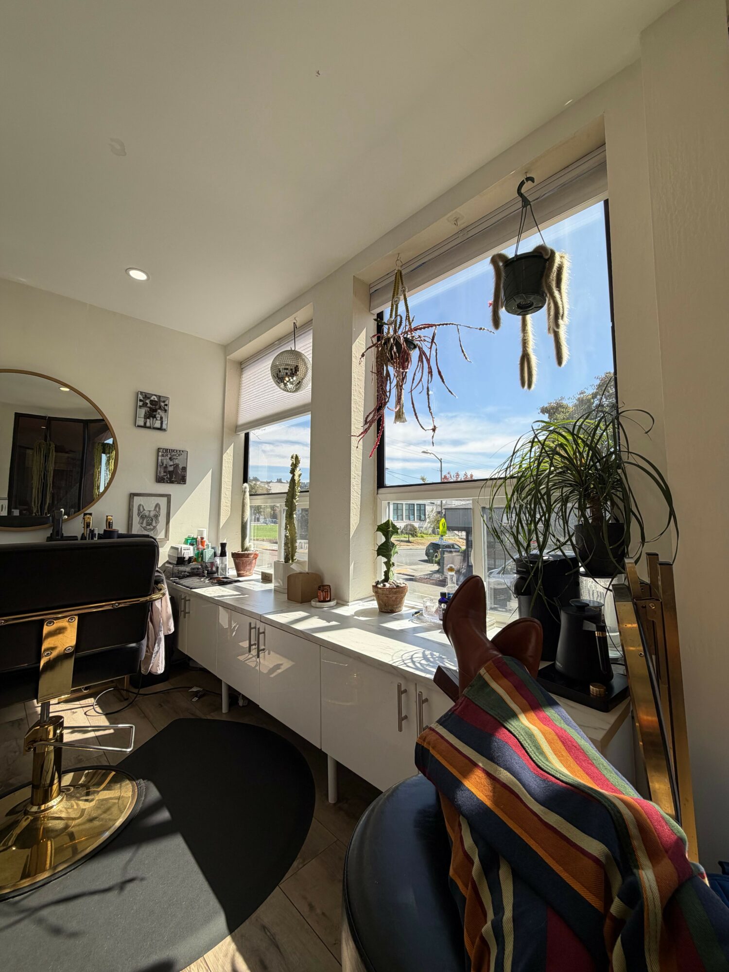 View from inside a room looking out a window at a balcony with plants and a view of buildings and sky.