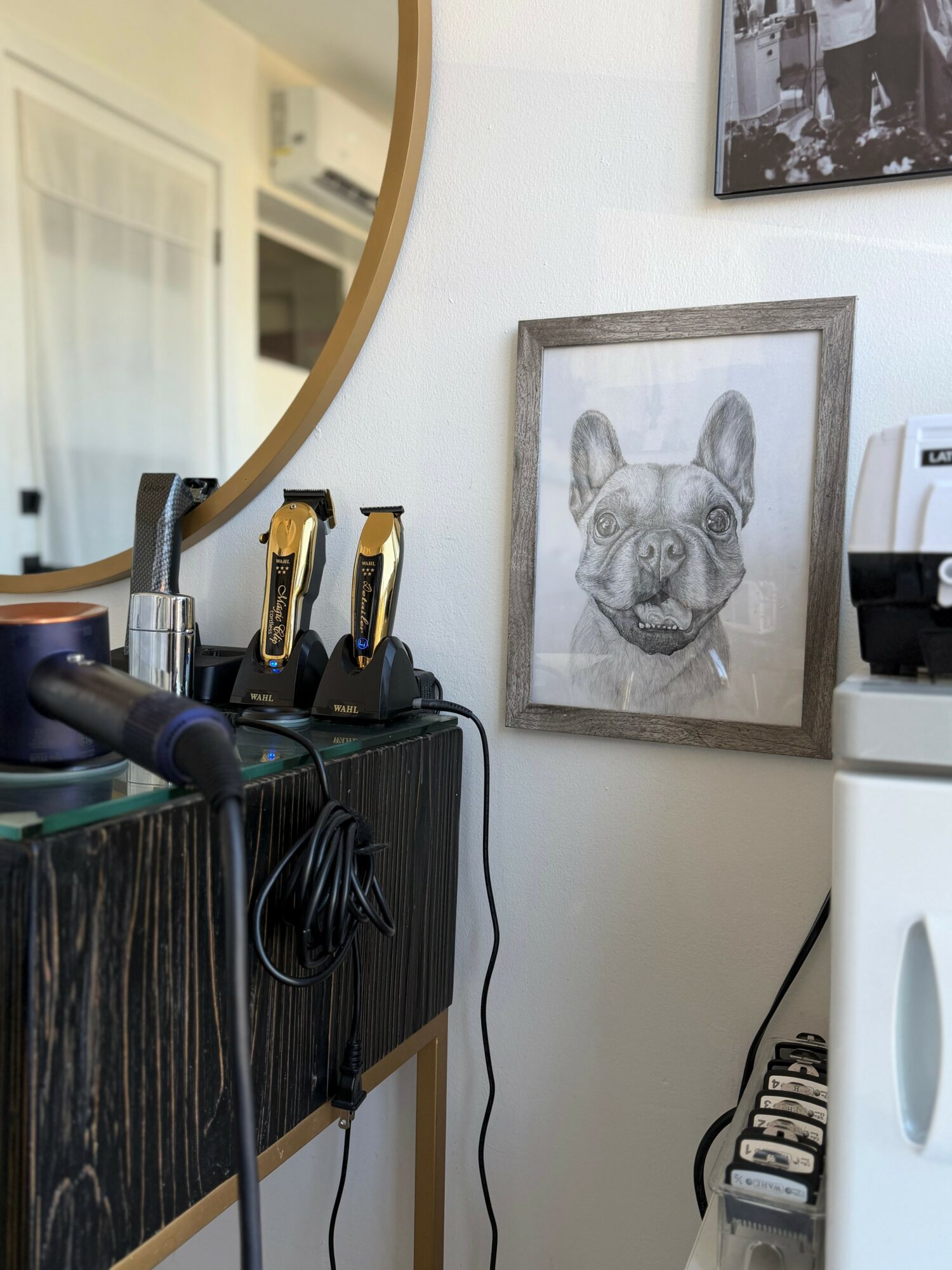 Framed pencil sketch of a dog's face on a white wall, with hair styling tools and a mirror nearby.