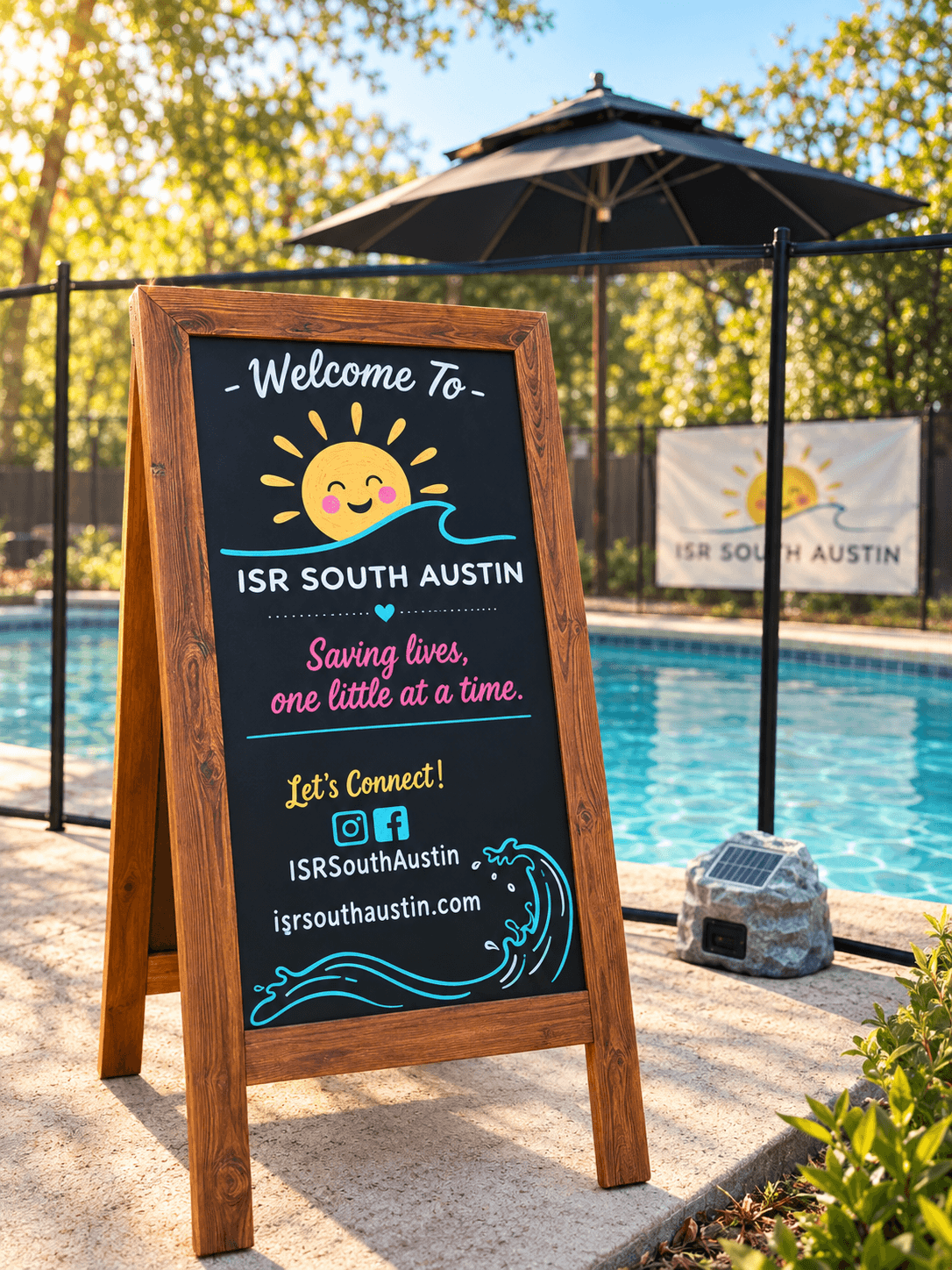 A chalkboard sign near a swimming pool with a welcome message, a sun illustration, and social media info, under a large umbrella.