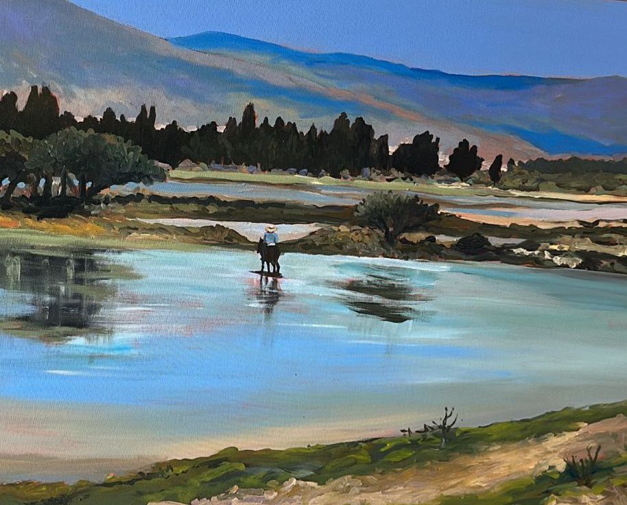 A person fishing in a river with mountains and trees in the background, painted in a landscape style.
