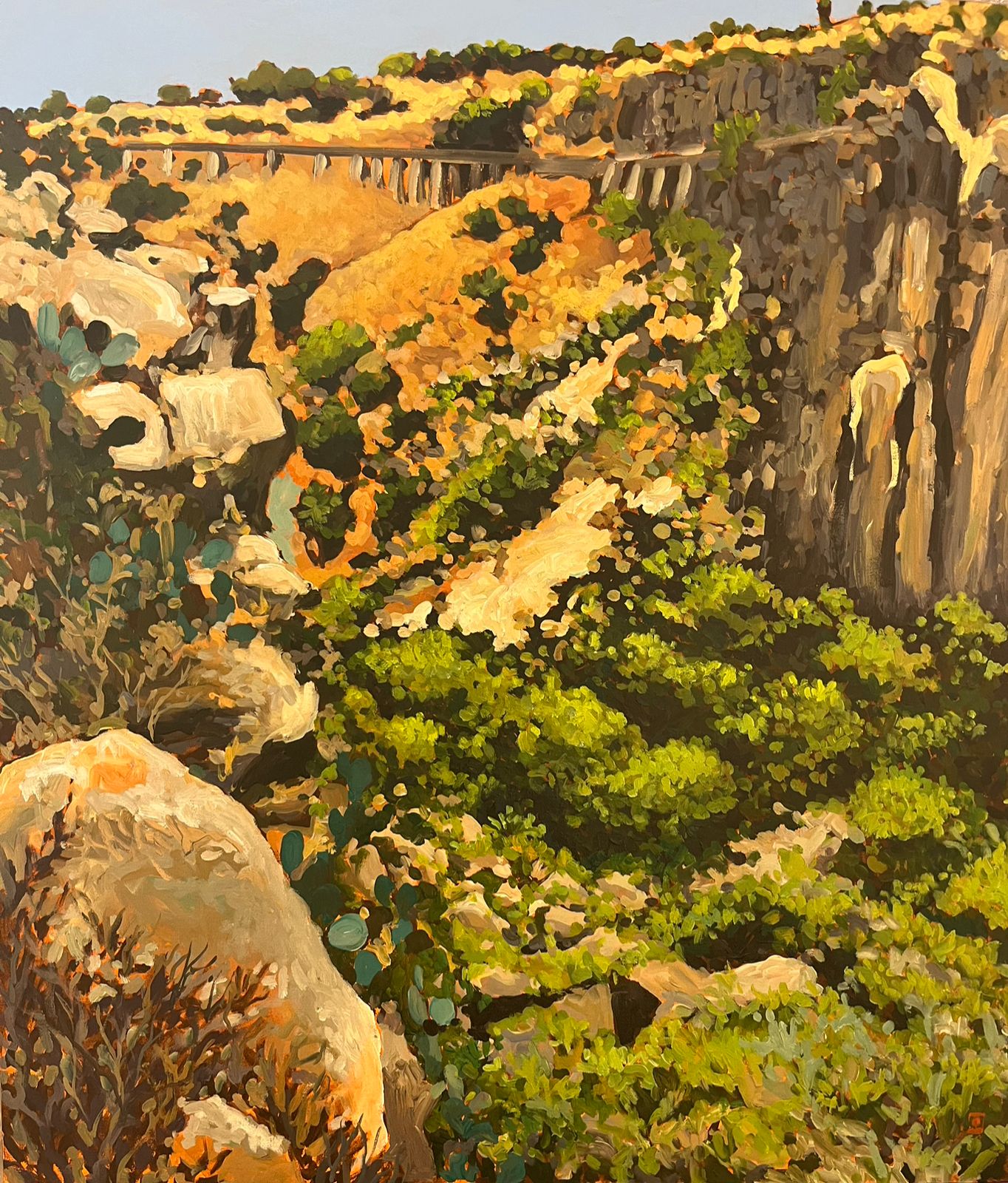 Landscape painting of a canyon with cliffs, trees, and a bridge in the background, using warm colors.
