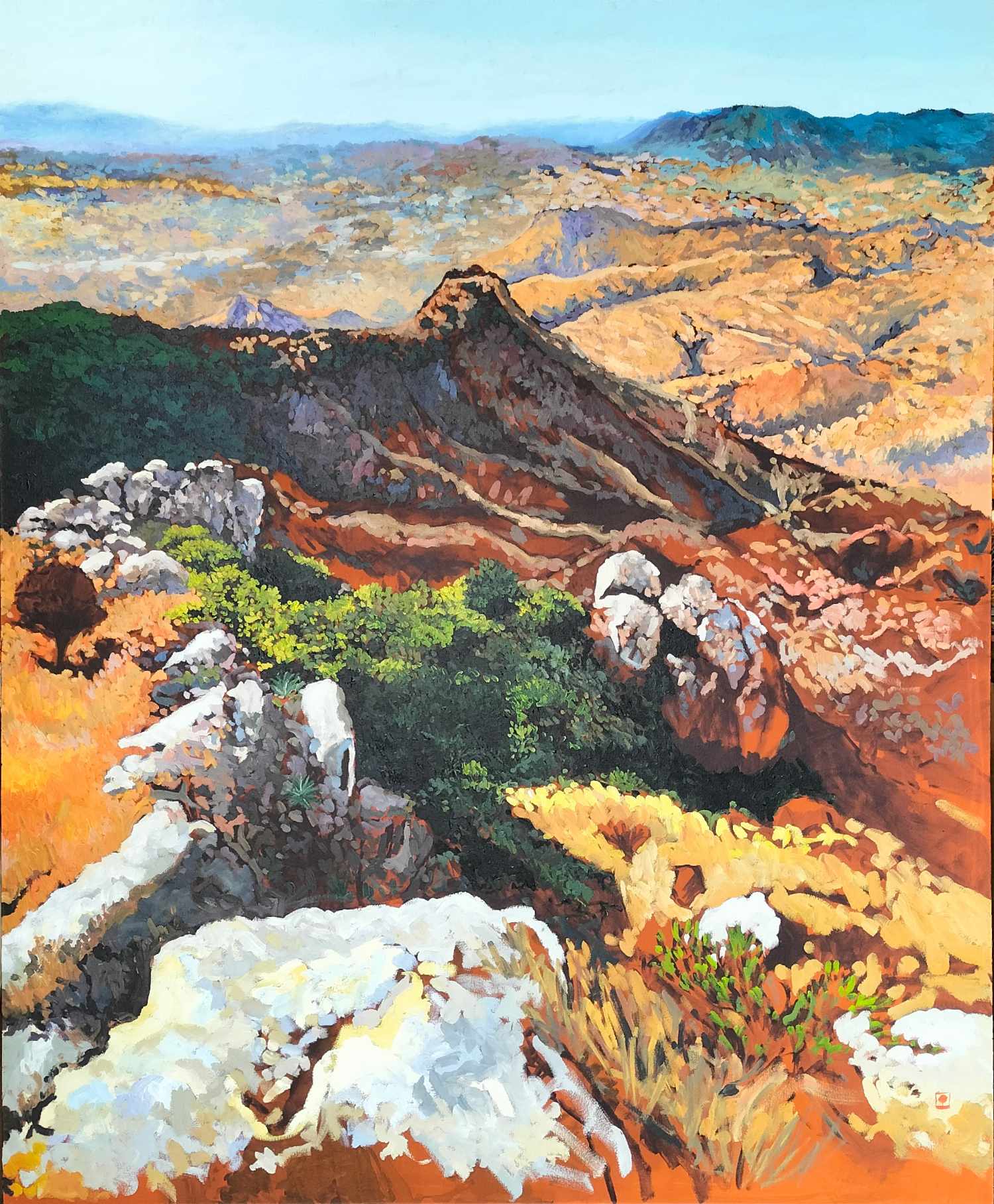 Landscape painting of mountains, rocky terrain, and colorful vegetation with distant hills under a blue sky.
