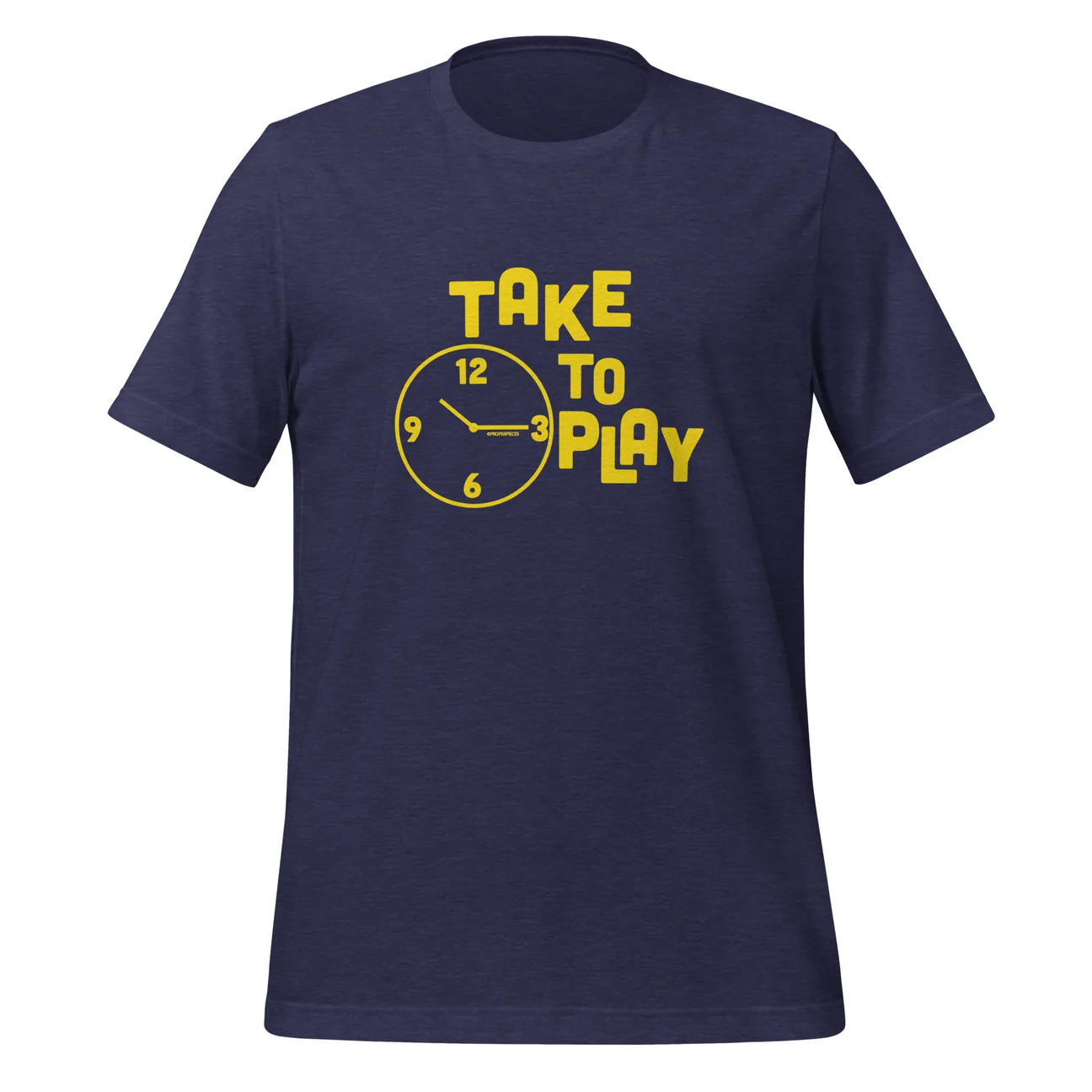 Navy T-shirt with yellow clock and text reading 'Take to Play'.