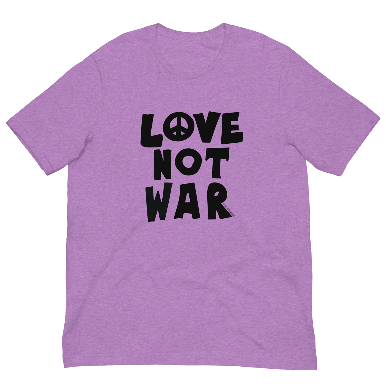 Purple T-shirt with bold black text reading 'LOVE NOT WAR'.