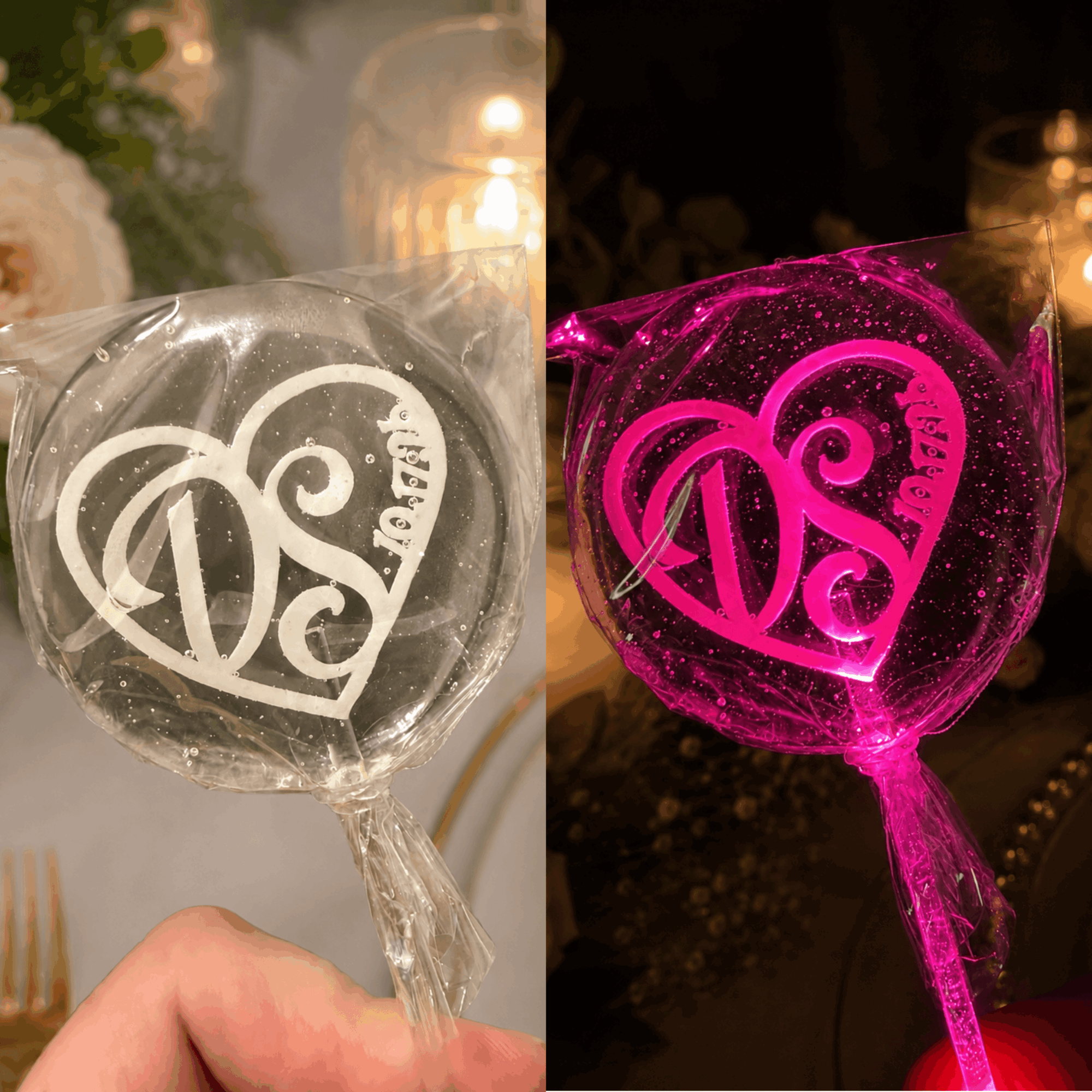 A wine glass with a heart-shaped design, shown in normal and glowing pink light, held by a hand.