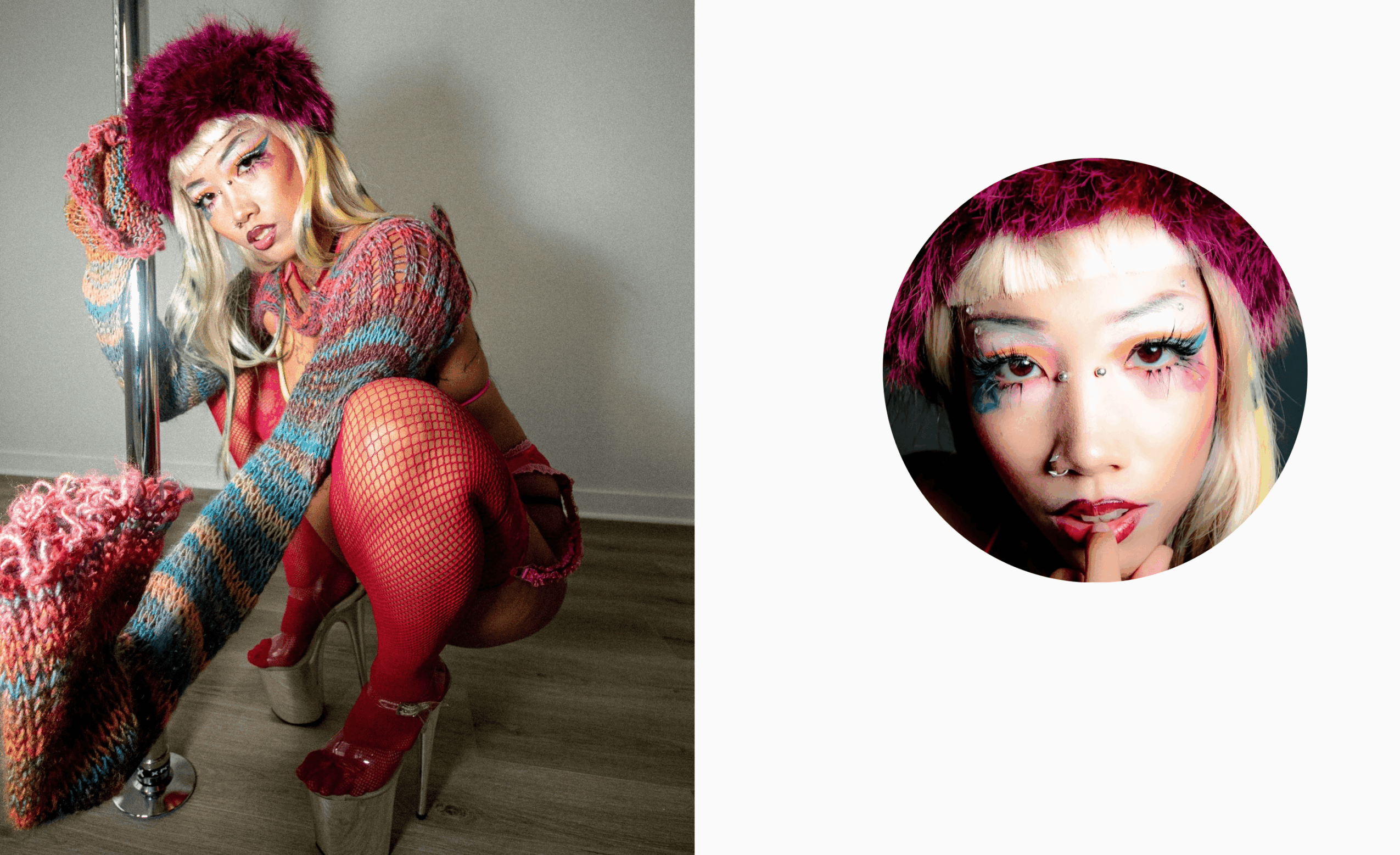 Person with colorful makeup, pink hair, and vibrant clothing, crouching with one knee on the floor, holding a colorful object.