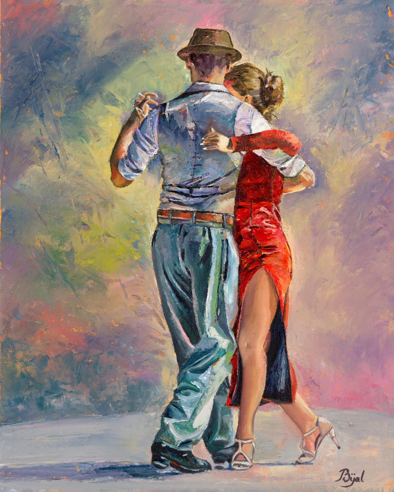 A painting of a couple dancing outdoors, with the man wearing a hat and the woman in a red dress with a slit.