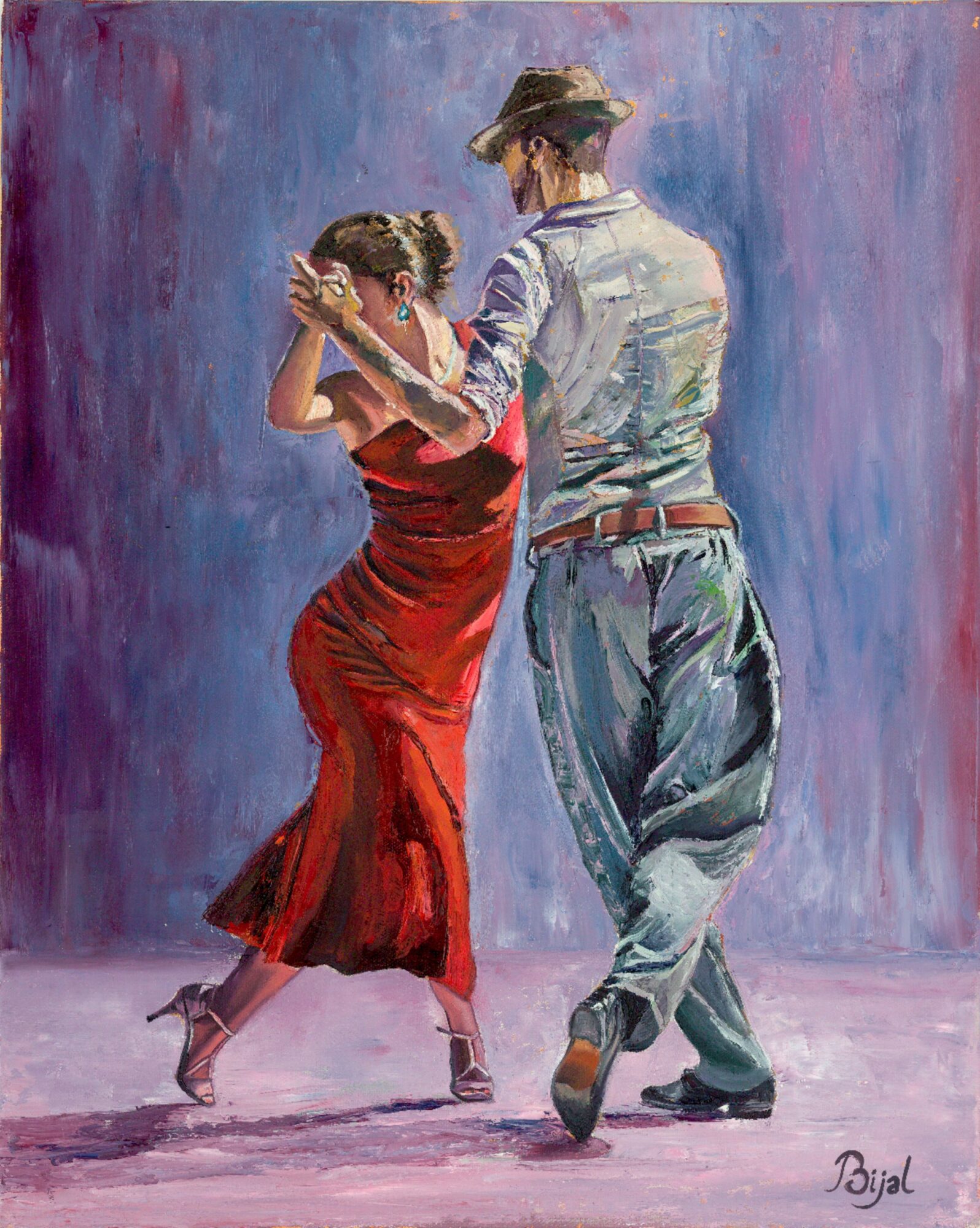 A painting of a dancing couple, woman in a red dress and man in casual clothes, against a colorful background.