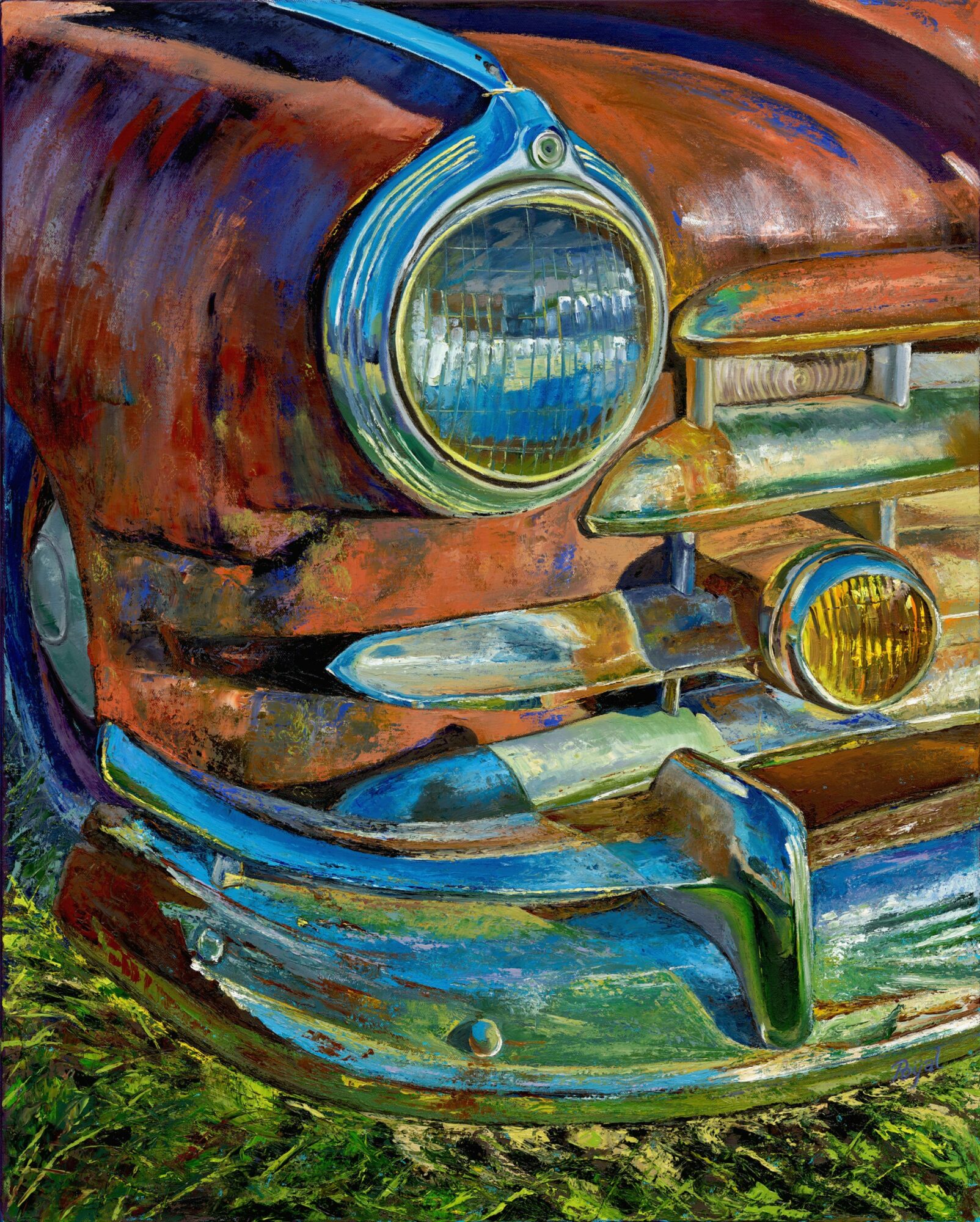 Close-up of a vintage car's front, showing a headlight, grille, and bumper with vibrant colors and reflections.