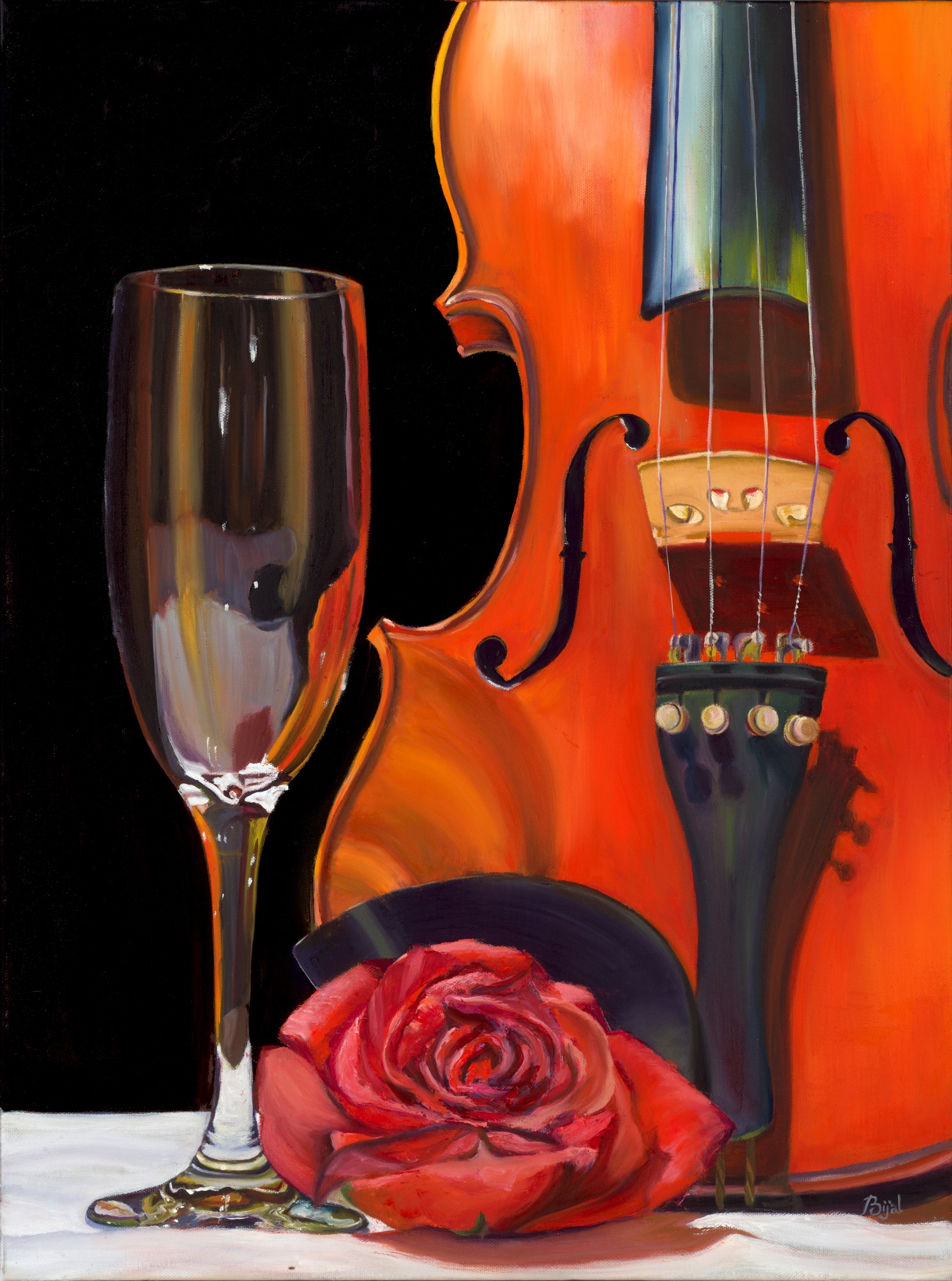 Close-up of a violin, a rose, and a glass of wine against a black background.