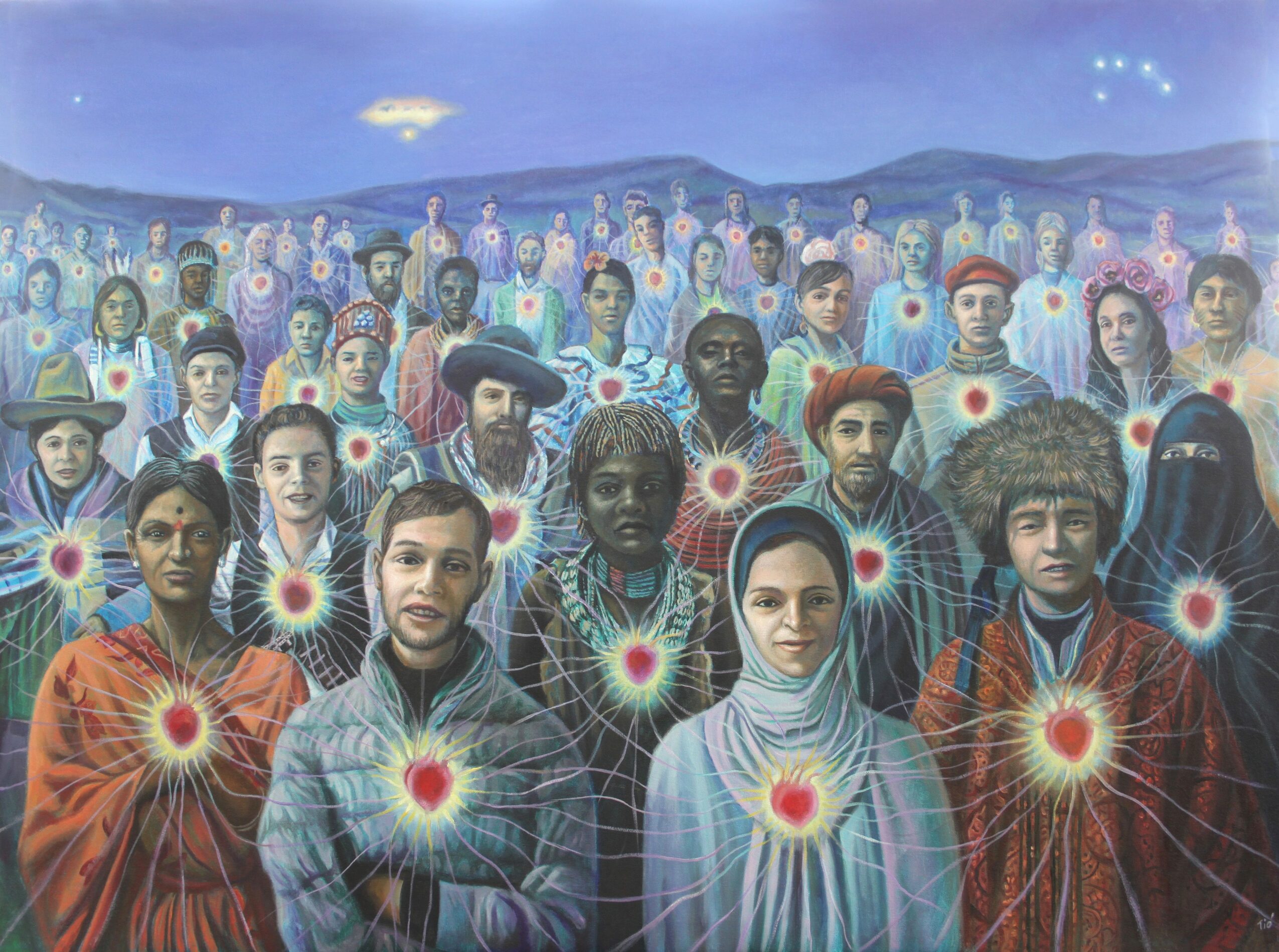 A large group of diverse people standing outdoors with mountains in the background, illuminated by glowing orbs around their chests.