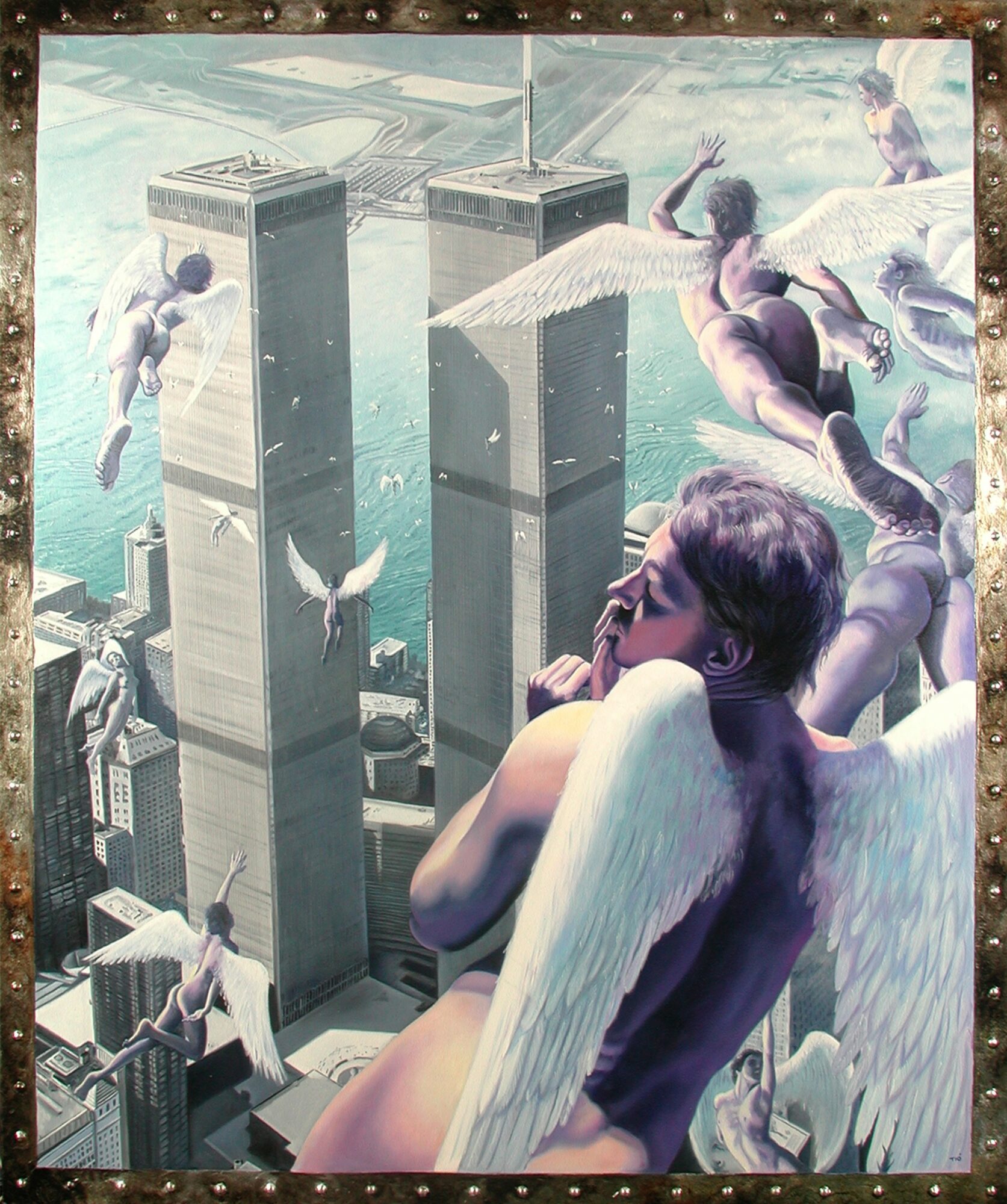 A person with angel wings and glasses looks at a cityscape with flying birds and children swimming in the sky.
