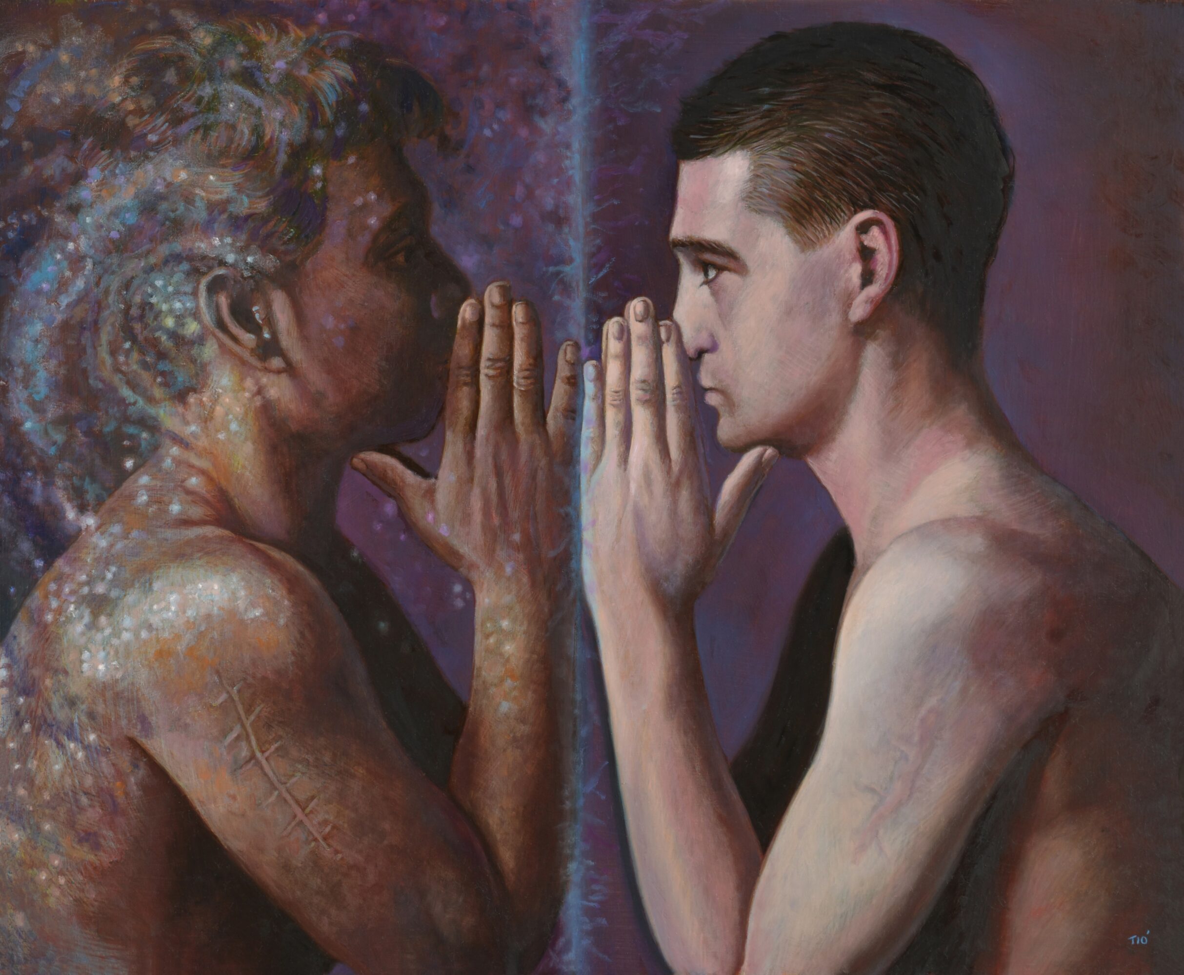 Two people face each other with hands touching, gazing intently, against a dark, colorful background.