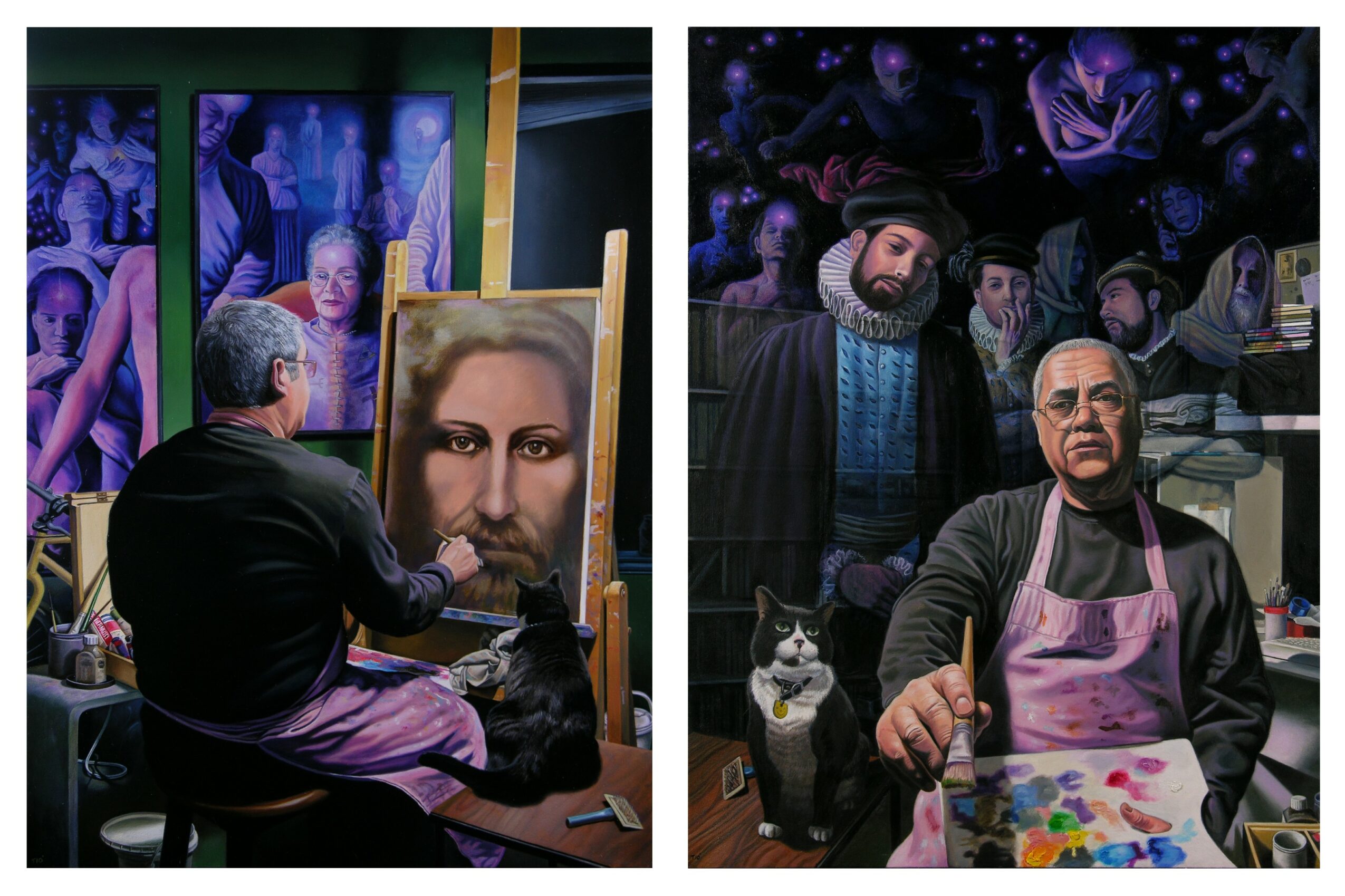 Two scenes: an artist painting a portrait and a woman with a dog in a market, with people in the background.