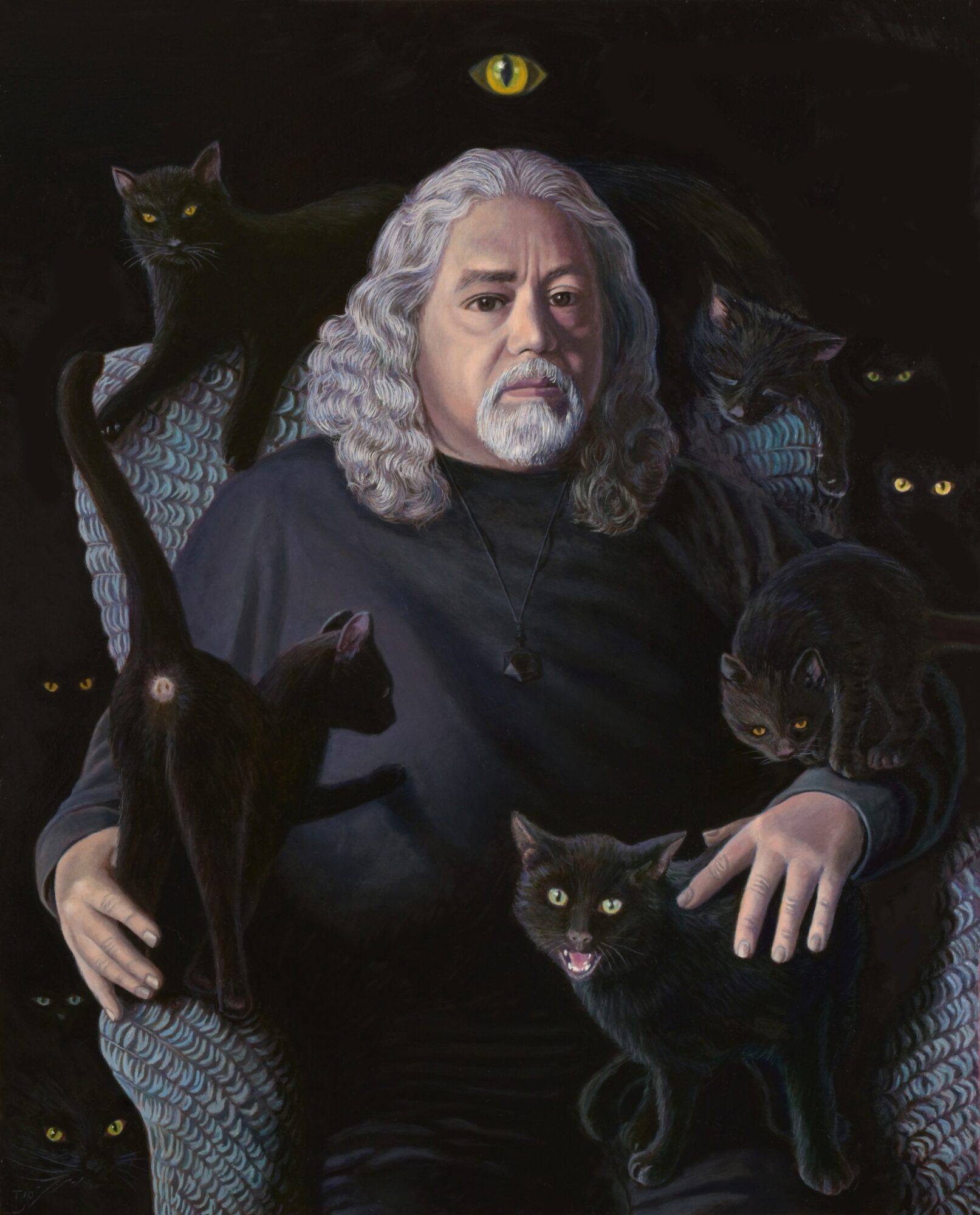 A man with long gray hair and a beard surrounded by black cats, with a dark background and glowing yellow eyes.