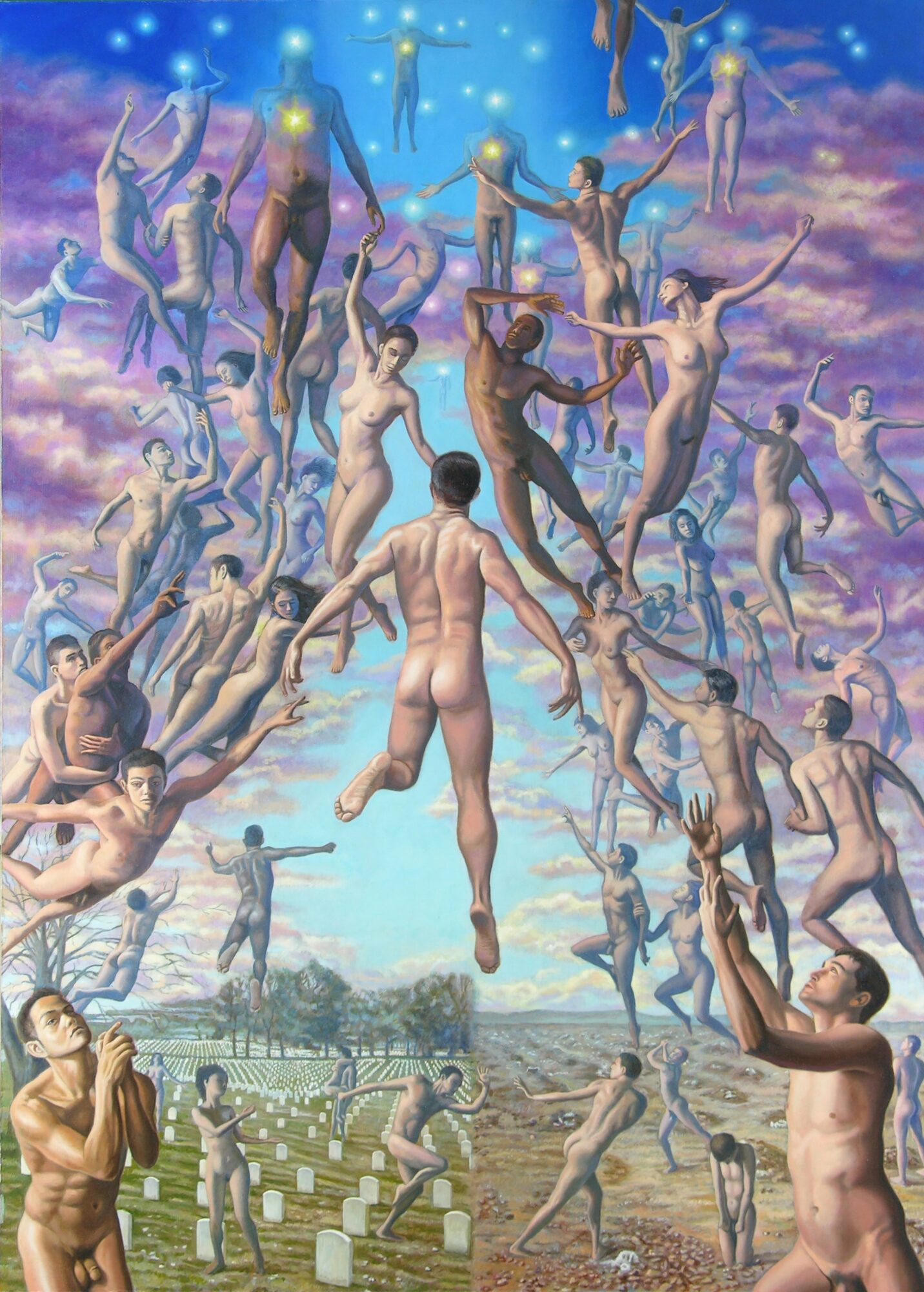 Numerous nude figures float and reach towards the sky among clouds, with some holding hands or climbing. A person stands on the ground watching.