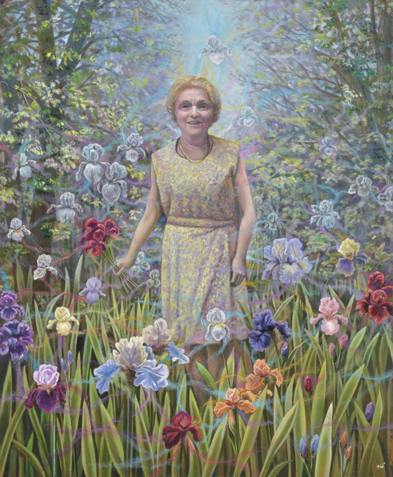 Woman standing in a colorful garden with blooming flowers and trees, smiling, with a fairy figure in the background.