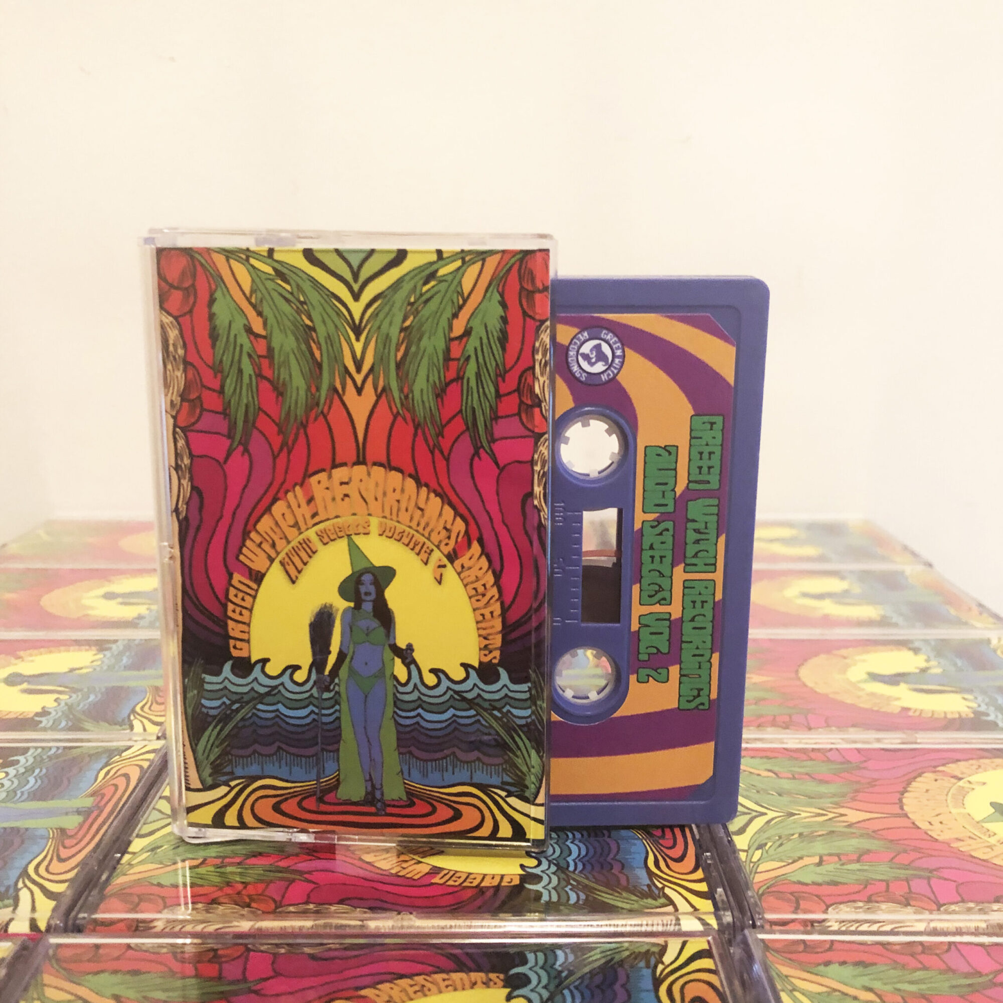 Colorful cassette tape with psychedelic artwork featuring a figure standing in front of a sun and waves.