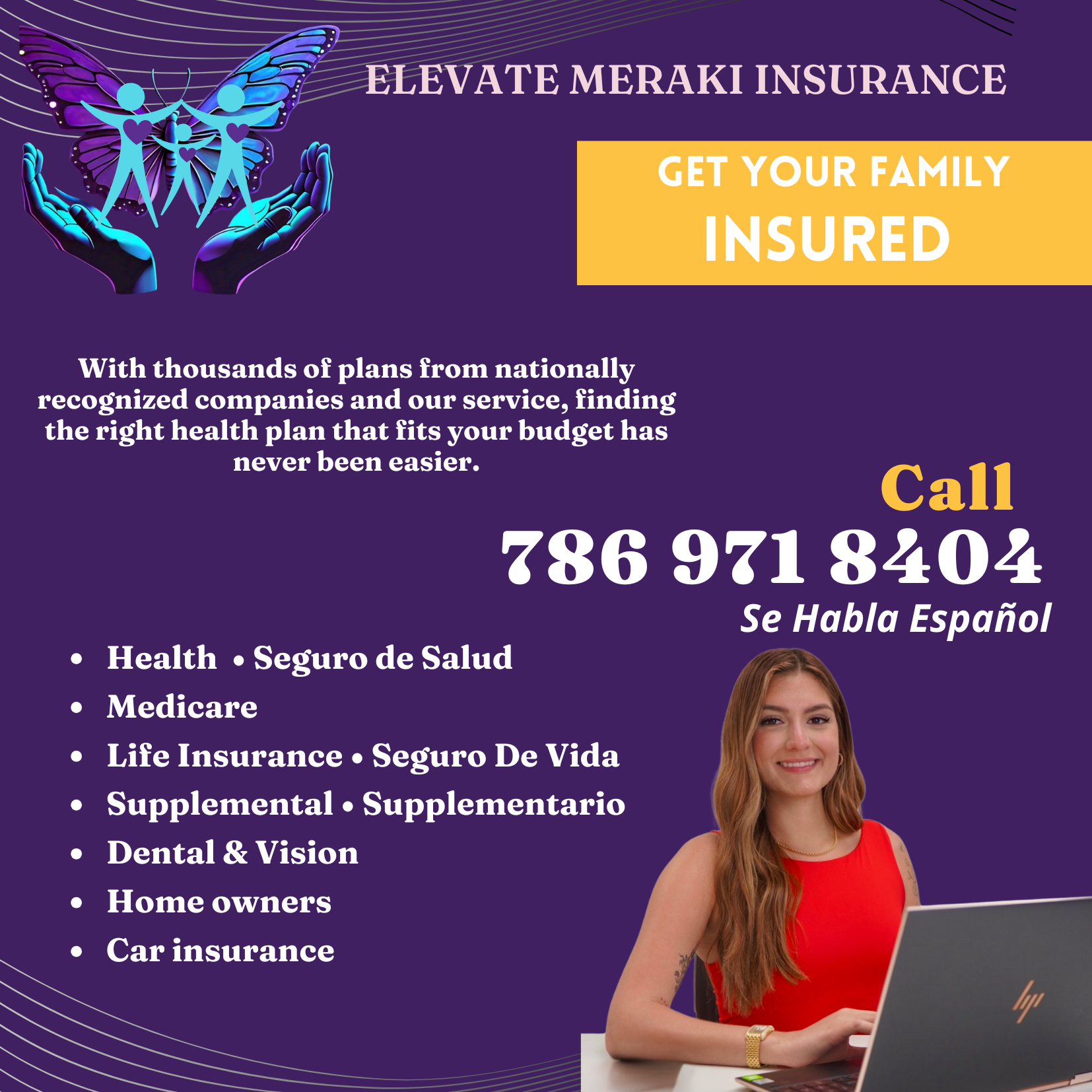 Purple insurance advertisement with family illustration, yellow insured banner, contact number, service list, and a woman using a laptop.