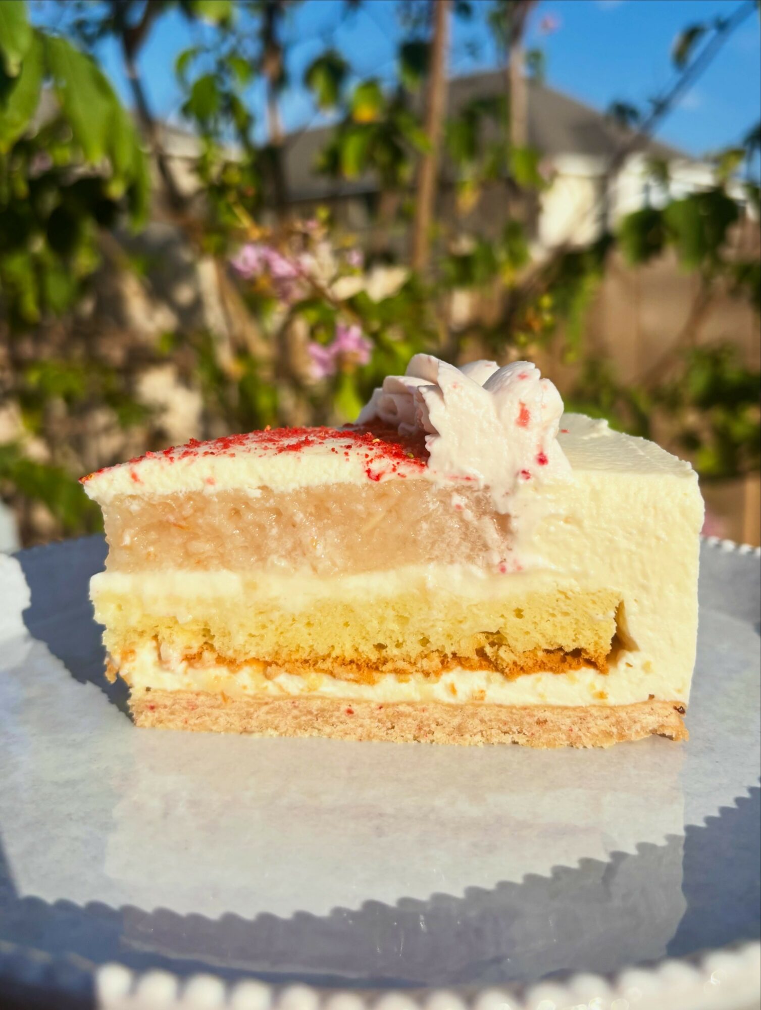 Slice of layered cake with white frosting and pink topping on a paper plate outdoors, with trees and sky in background.