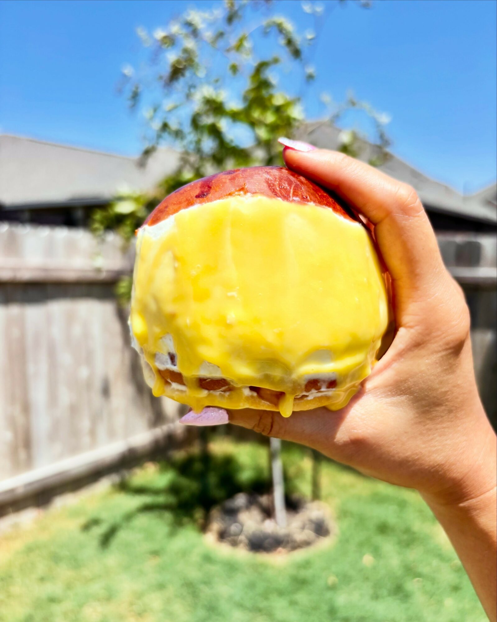 Person holding a partially eaten apple with yellow flesh outdoors, with a tree and fence in the background.