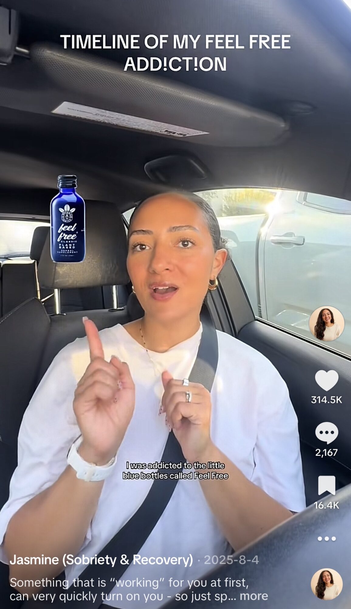 Woman in car gesturing with finger, text overlay about addiction, blue bottle image, and social media icons.