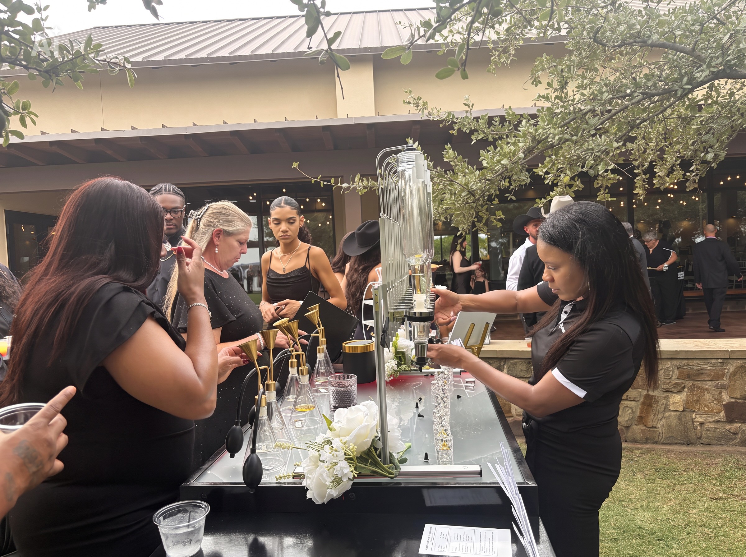 People gather around a fountain at an outdoor event, with a woman reading a book or menu, trees, and a building in the background.