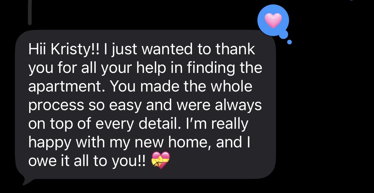 Message thanking Kristy for help with apartment, expressing happiness with new home, includes a heart emoji.