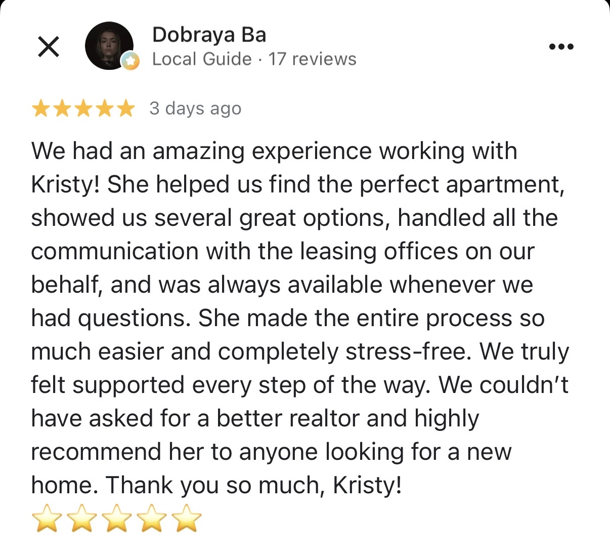 Screenshot of a positive review for Kristy, praising her assistance in finding an apartment, with five stars and a thank you message.