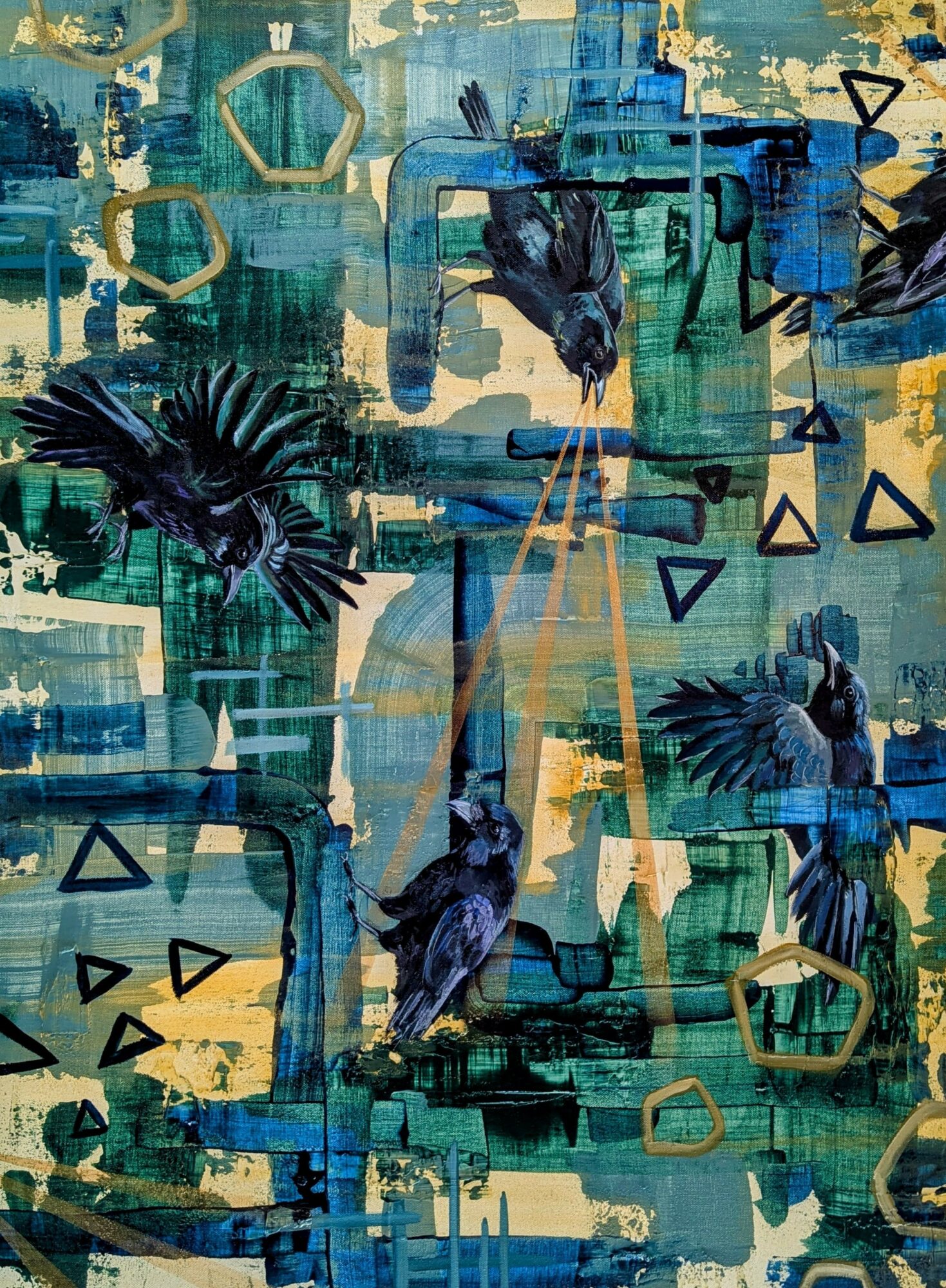 Abstract painting with black birds, geometric shapes, and blue, green, yellow colors, and textured background.