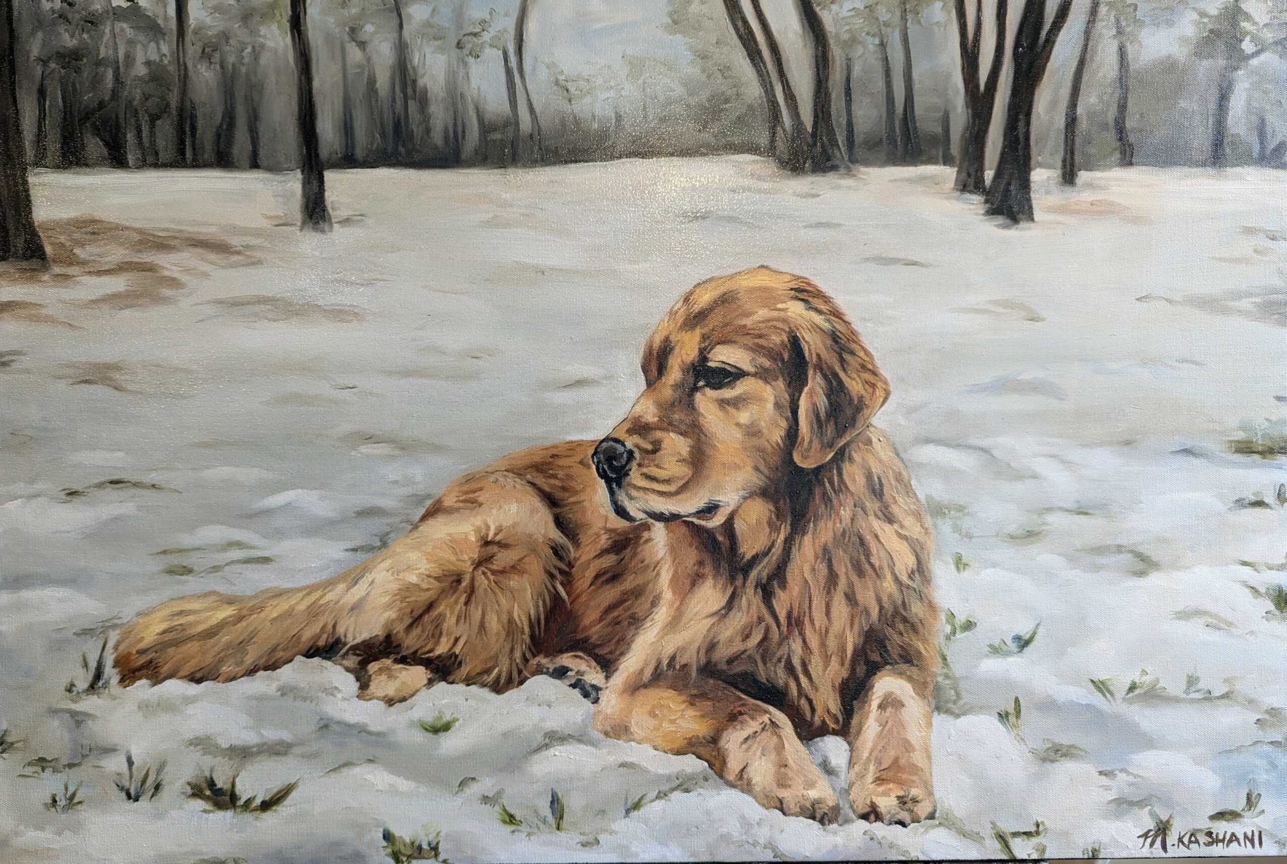 Golden retriever lying on snow-covered ground with trees in the background, painted in a realistic style.
