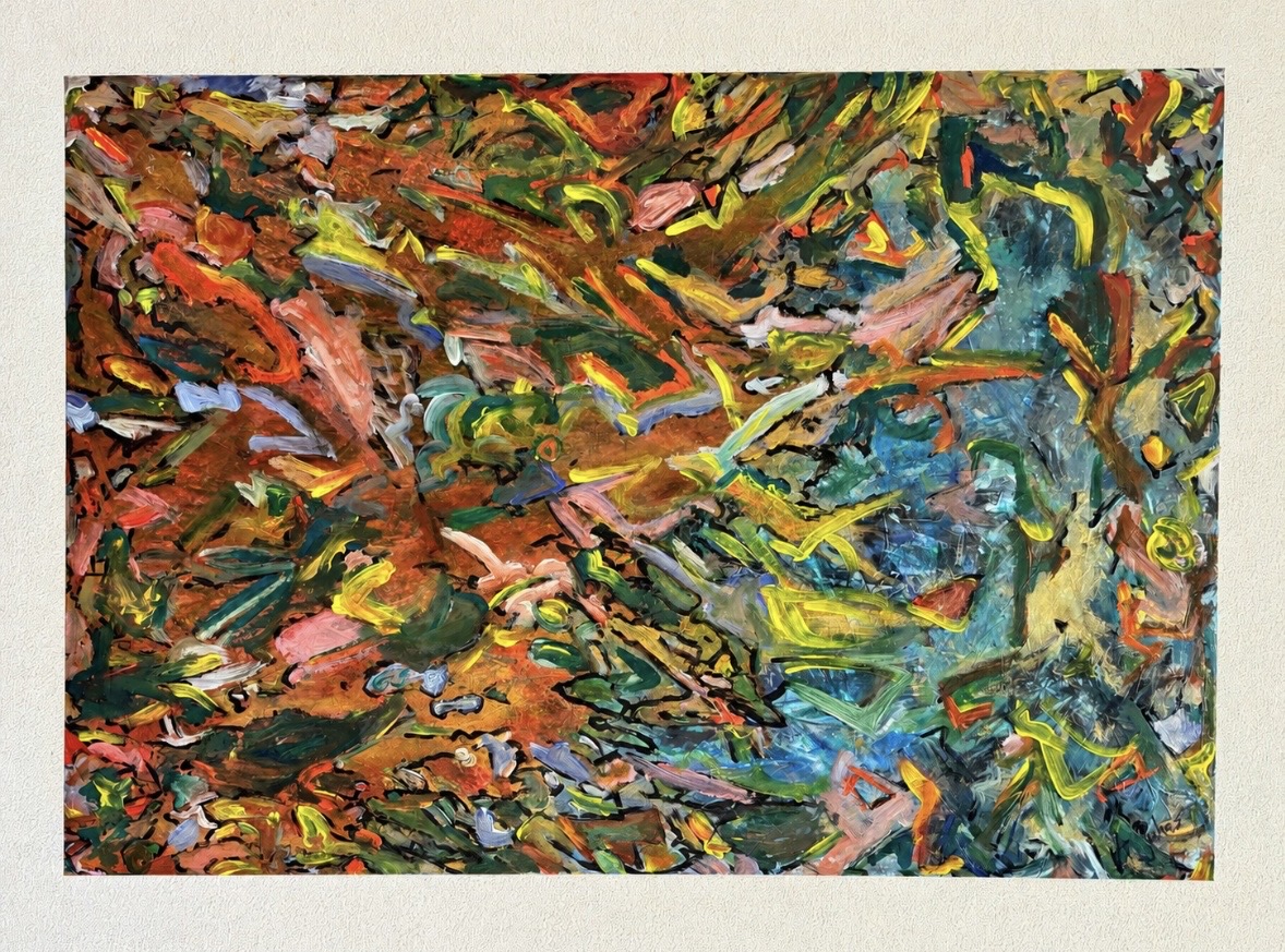 Abstract painting with vibrant, swirling colors including orange, green, blue, and pink, creating a dynamic composition.