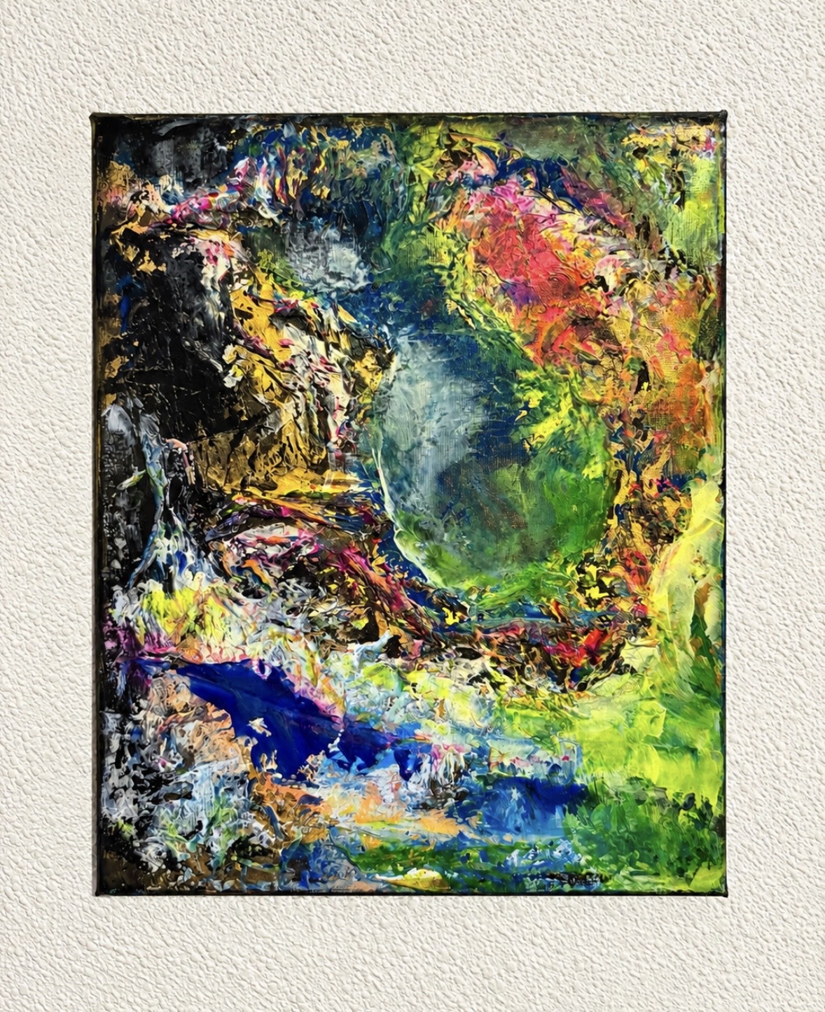 Abstract colorful painting with swirling patterns of green, blue, yellow, pink, and black, resembling a natural landscape or scene.