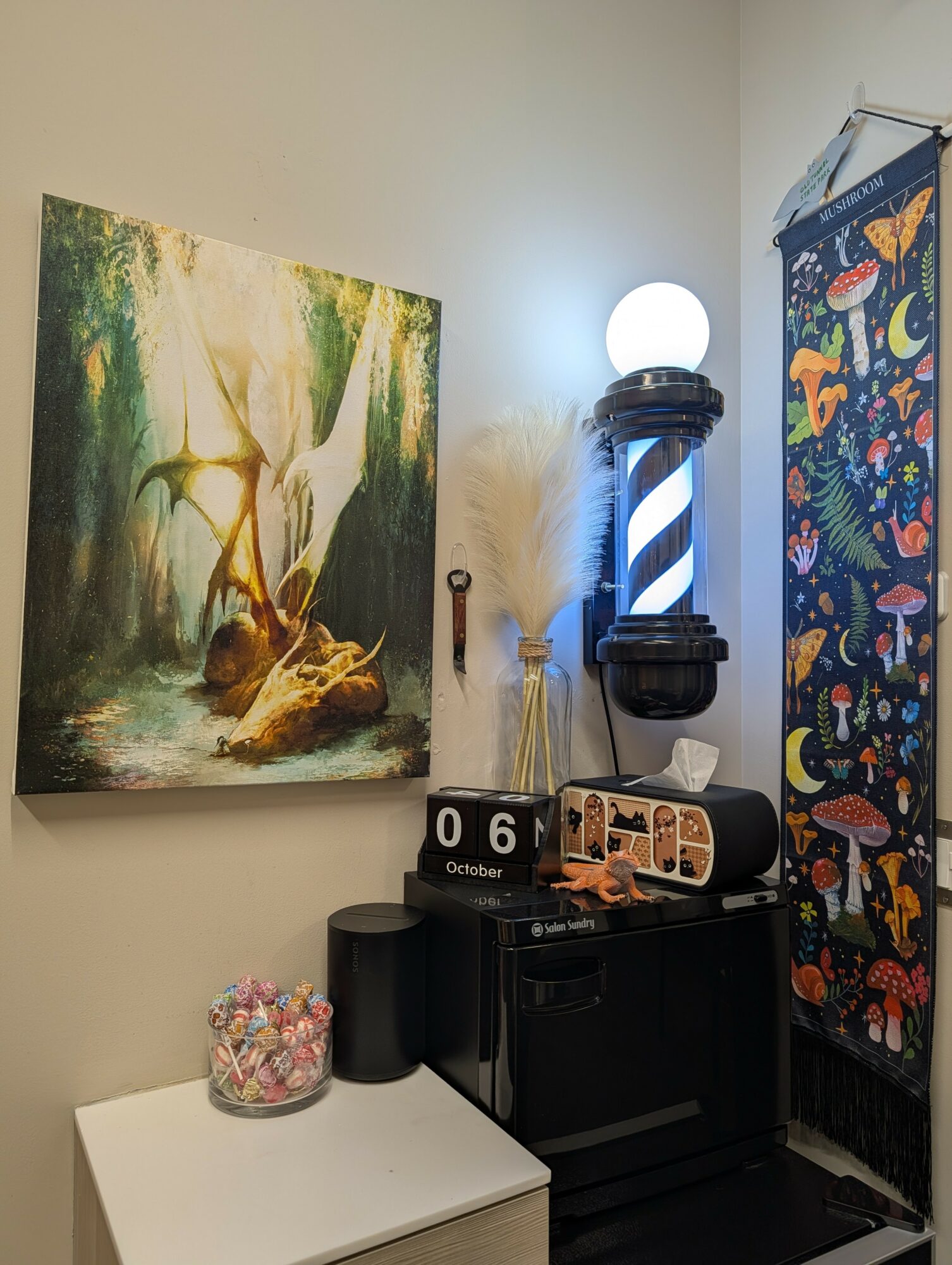 Room corner with painting, lamp, and decorative items on black cabinet, next to colorful fabric hanging, with a white wall background.