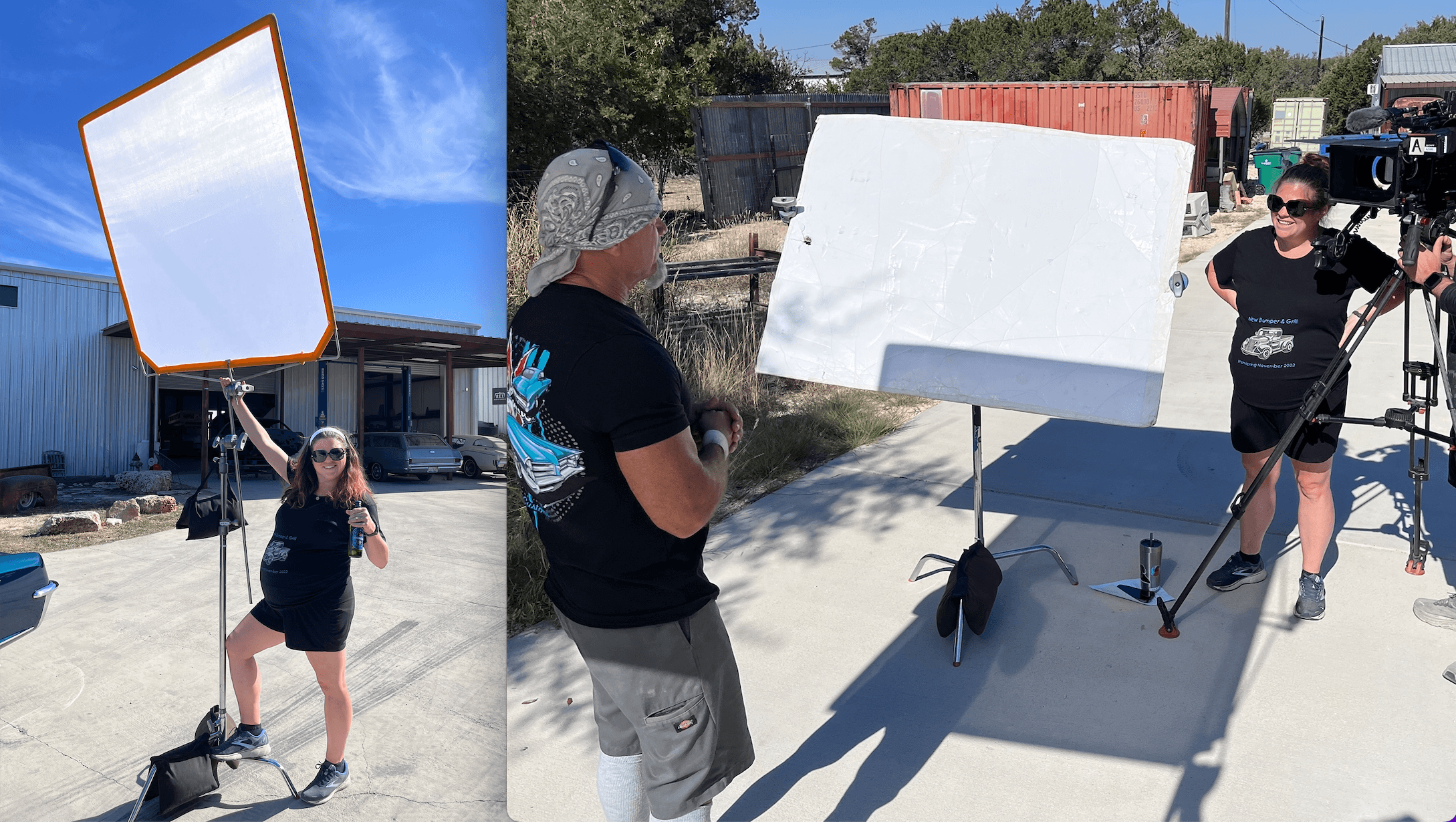 Three images of a woman with a large white reflector, a person with a camera, and a whiteboard outdoors, sunny day.