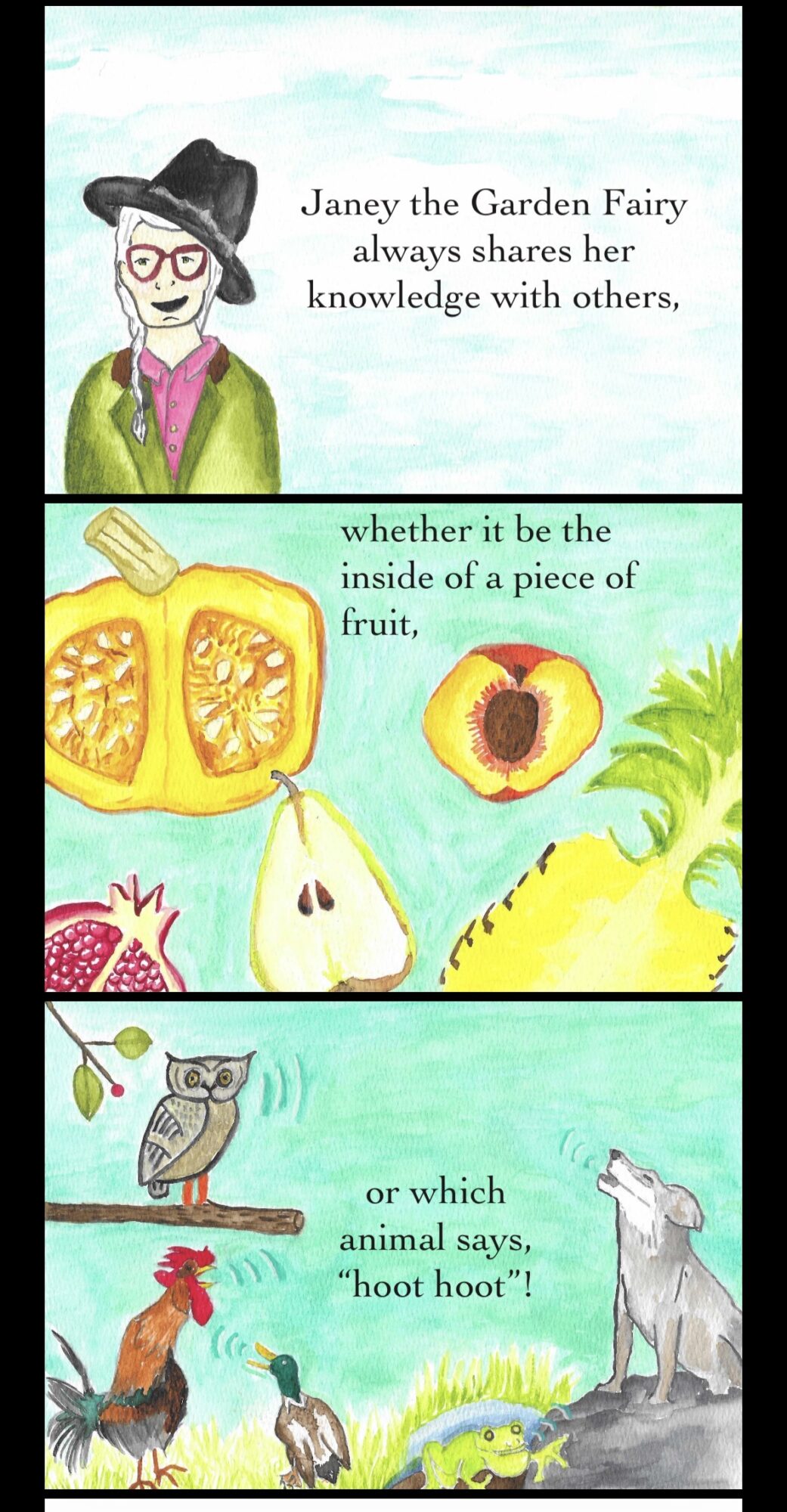 Three illustrated panels show a woman, fruit, and animals alongside text about sharing knowledge.