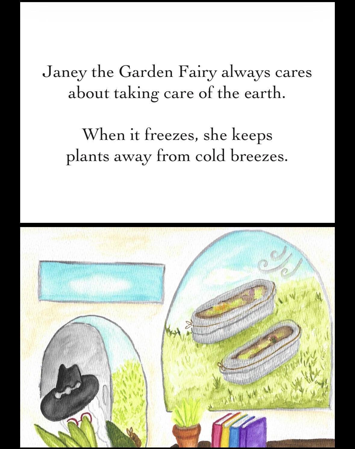 Book page with a poem about Janey the Garden Fairy and an illustration of plants, gardening tools, and books.