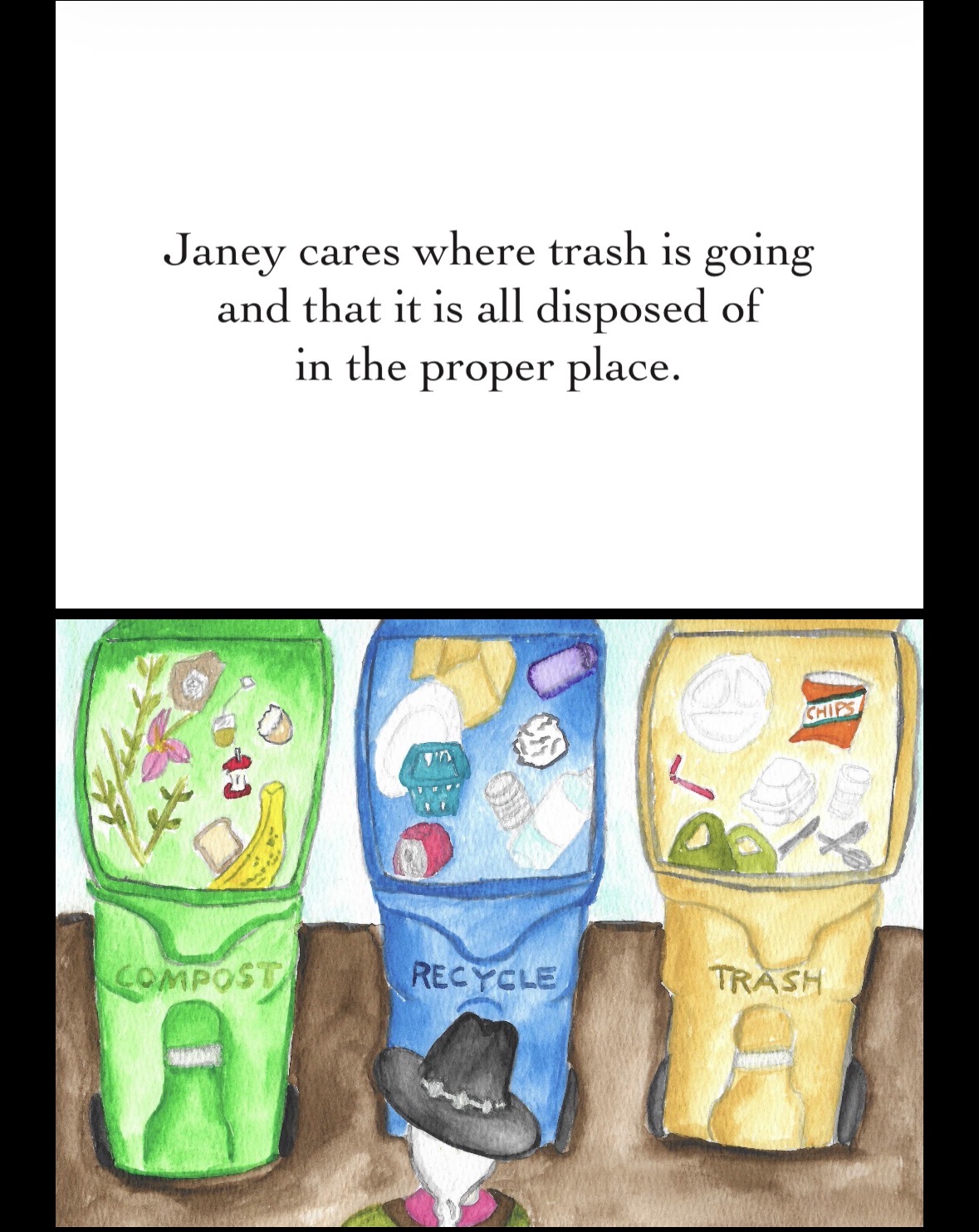 Text above an illustration of green compost, blue recycling, and yellow trash bins.