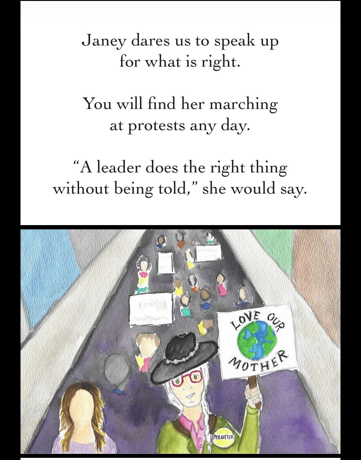 A poem about Janey speaking up appears above a drawing of people marching with a “Love Our Mother” sign.