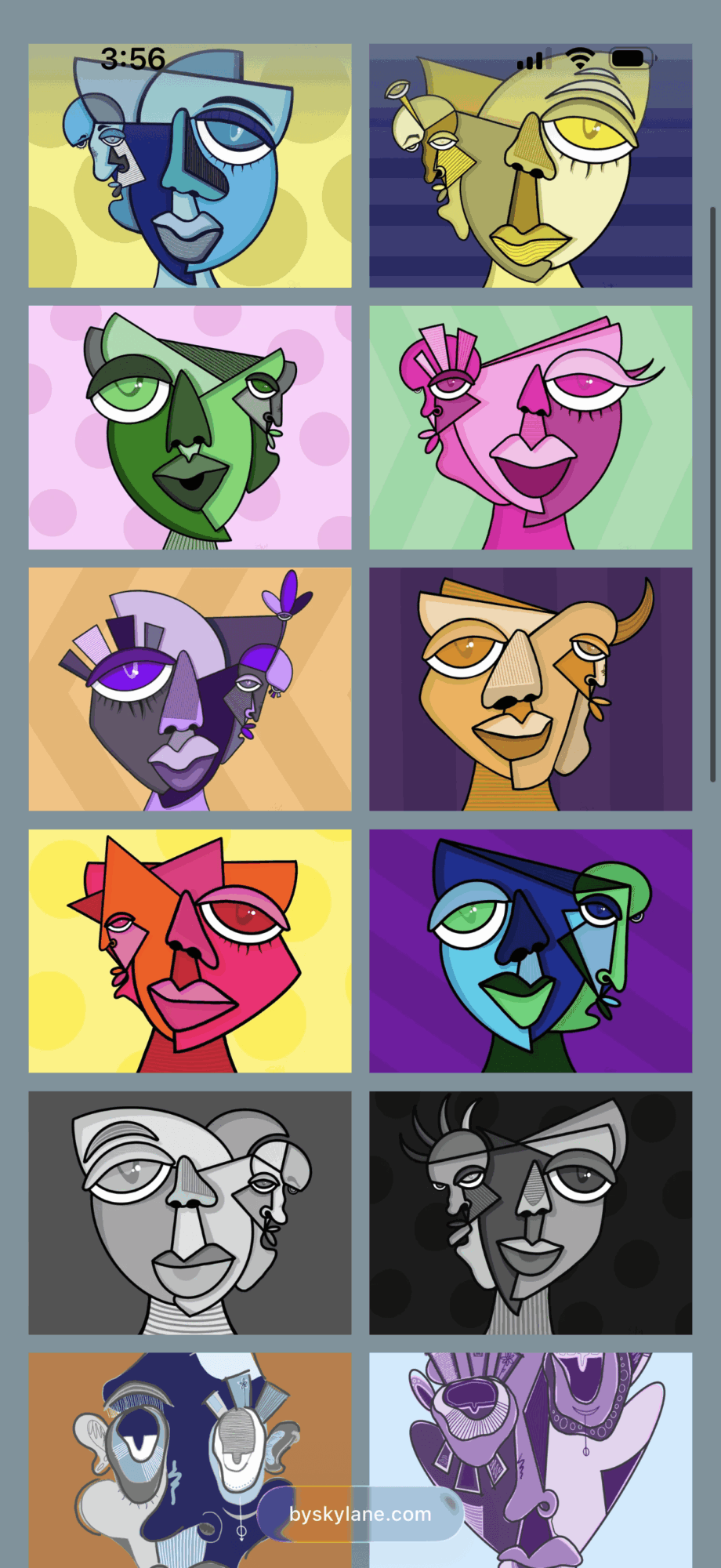 Collection of colorful, stylized portraits of faces with glasses, each with different background colors and expressions.