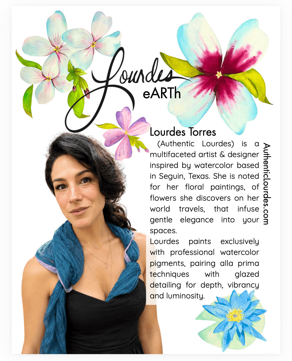 A woman with dark hair in a braid, wearing a blue top and black dress, standing against a white background with flowers and text.