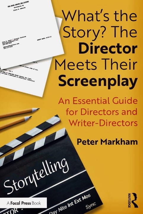 Book cover with yellow background, black and white text, and images of scripts, a pen, and a clapperboard.