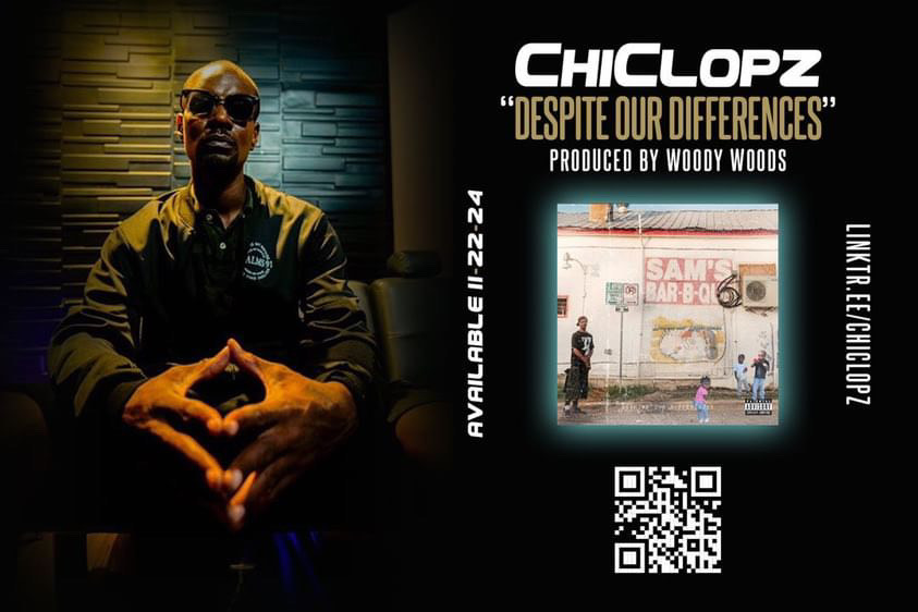 Man wearing sunglasses and a jacket, sitting with hands clasped, with promotional text and a QR code on the right side.